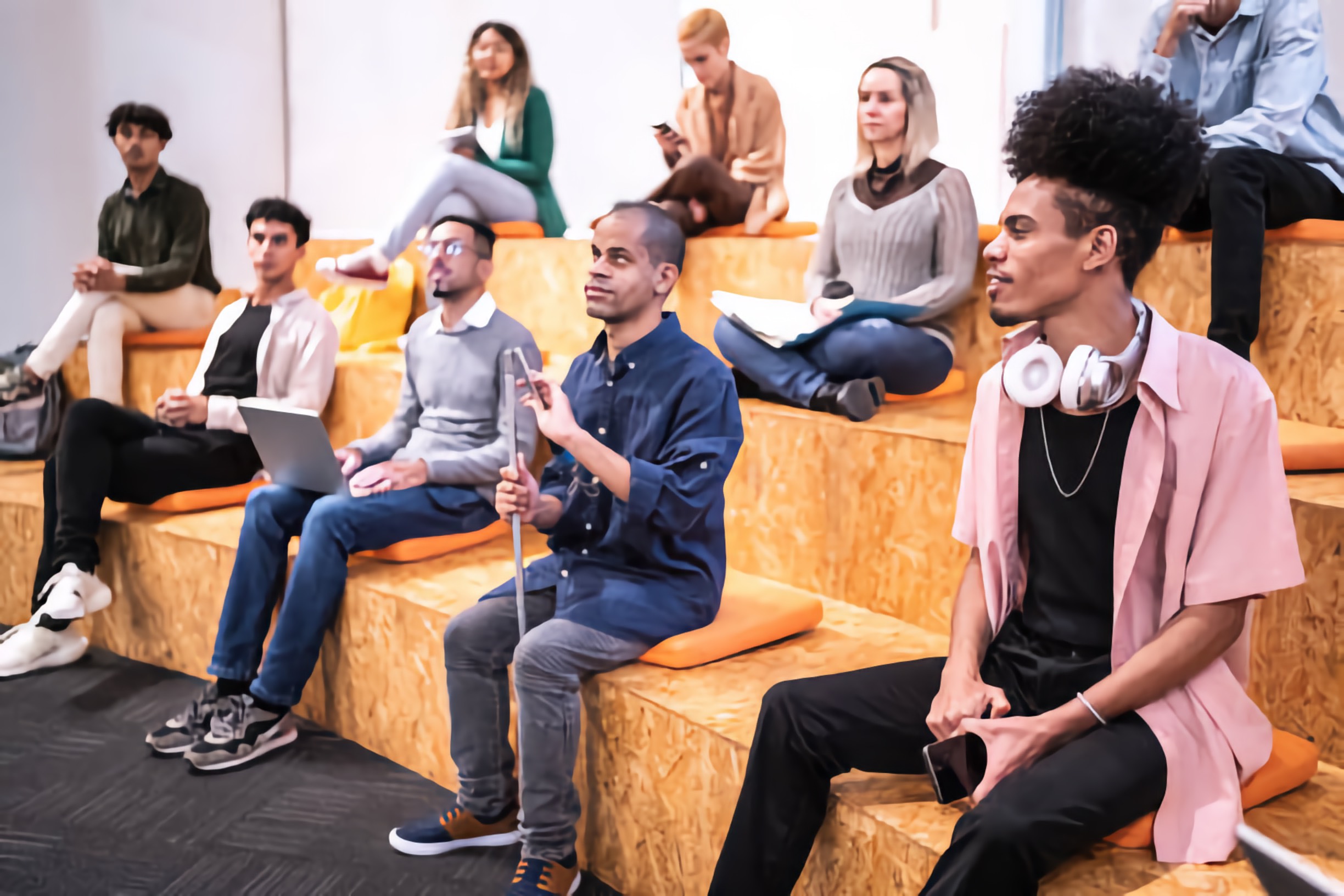 A diverse group of young people seated on risers, including a young man who is Blind