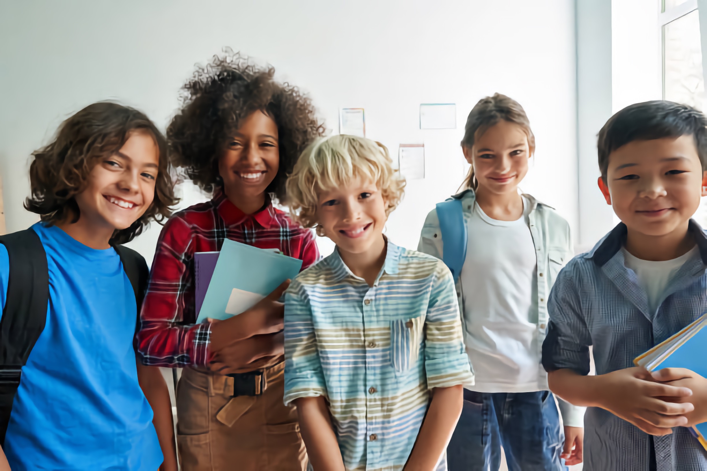 A diverse junior youth group gathers with smiles for a group photo