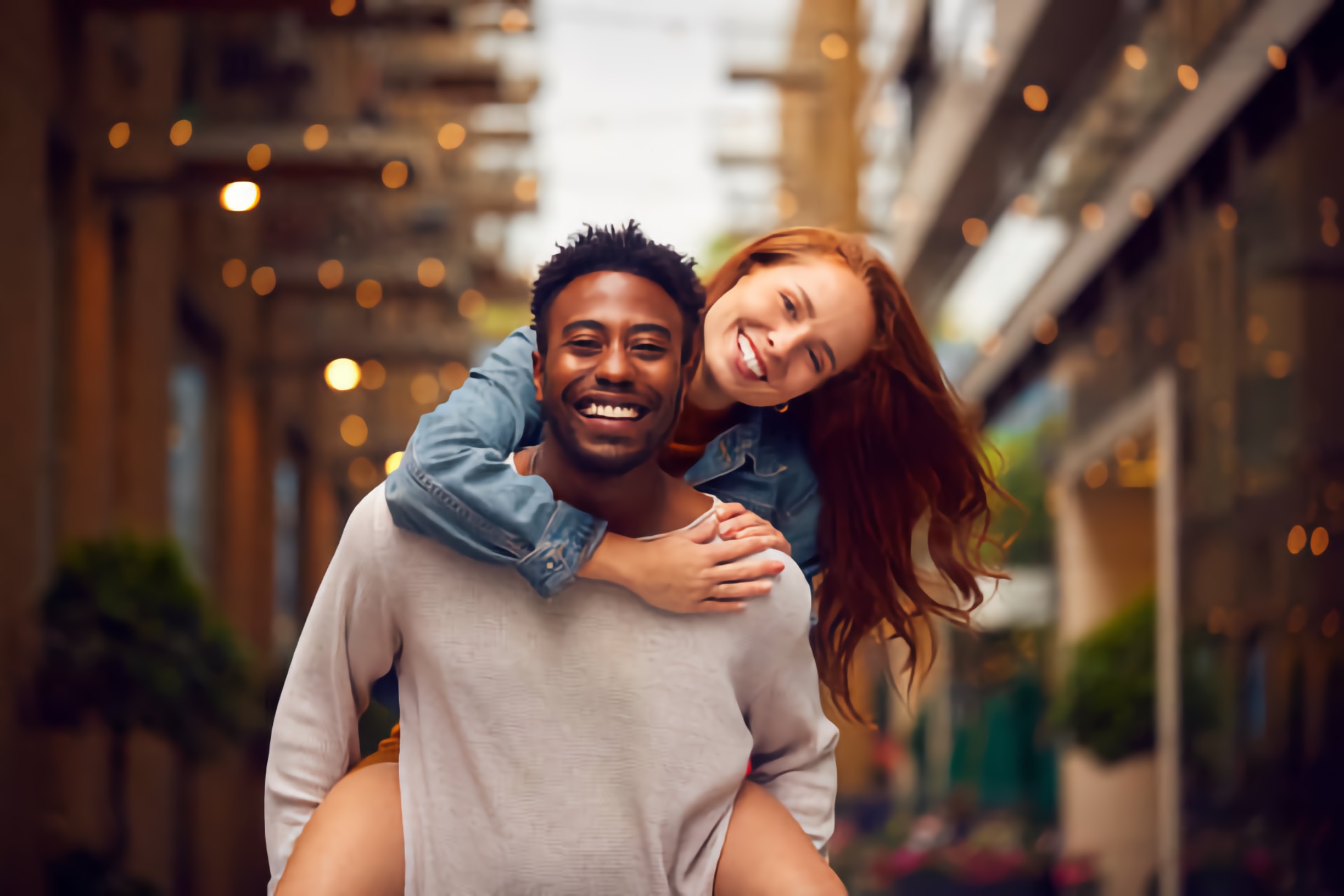 A happy couple, with a black man giving a piggyback ride to a white woman, laughing together