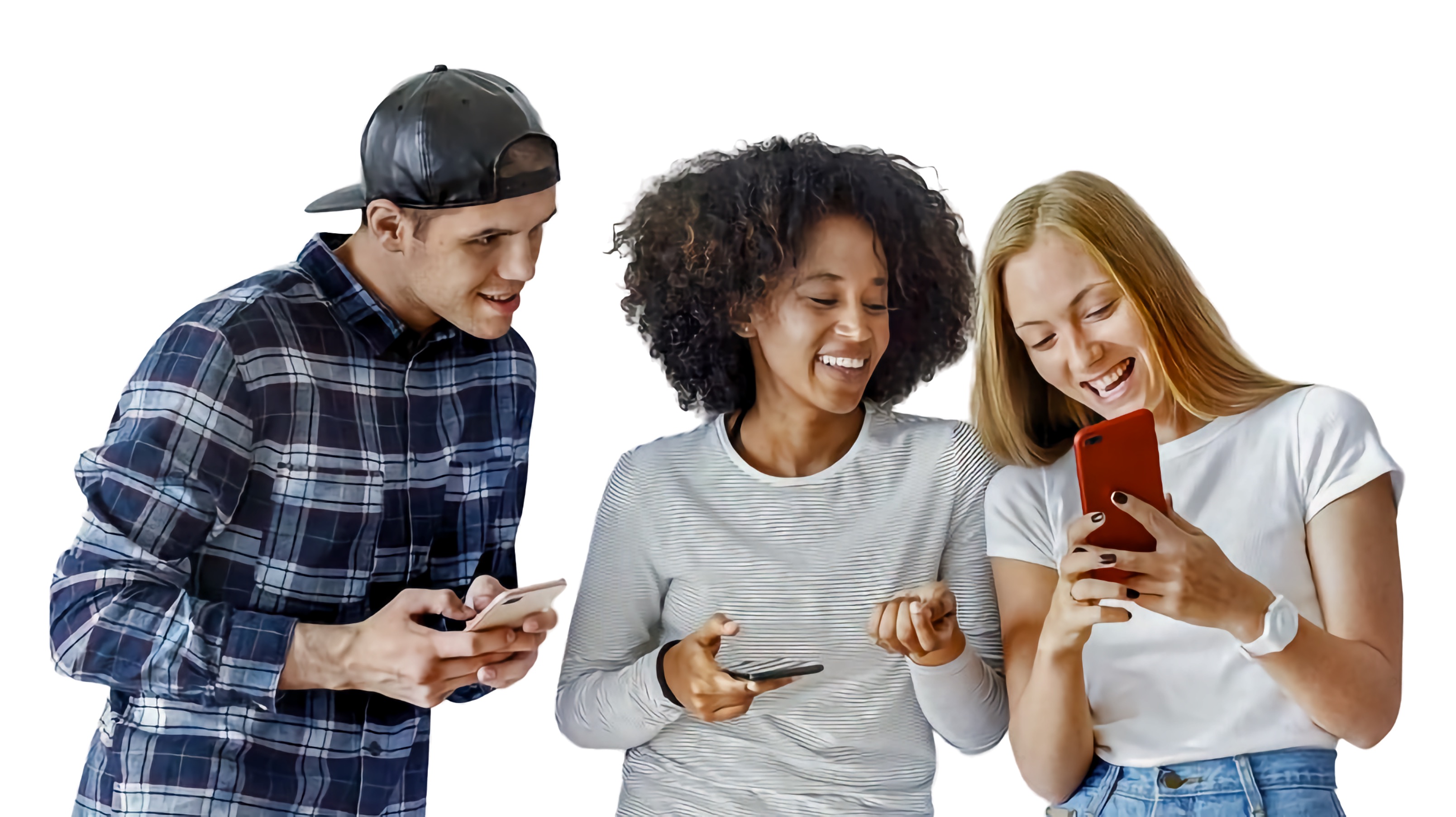 A diverse group of young people laughing and sharing information on their mobile phones.