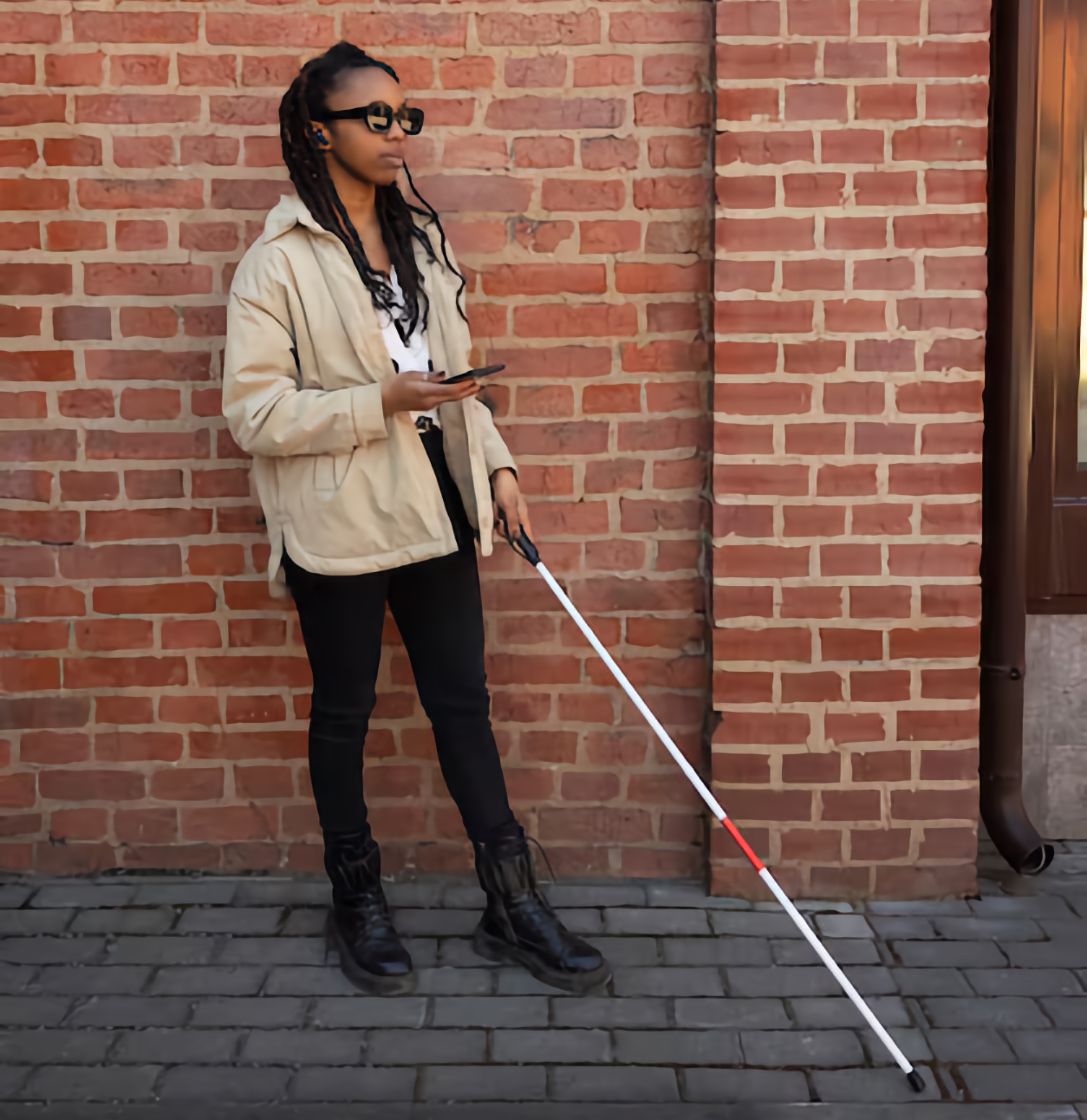 Black Blind woman wearing a tan jacket and sunglasses stands at a street corner in front of a brick wall, using her smartphone and holding a white cane