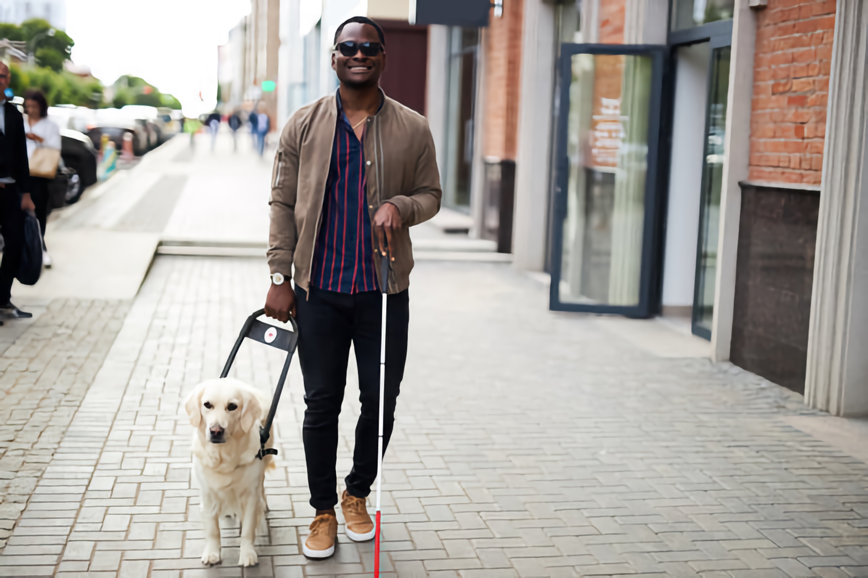 Smiling Blind Black man uses both a guide dog and a white cane as he walks in a modern urban environment