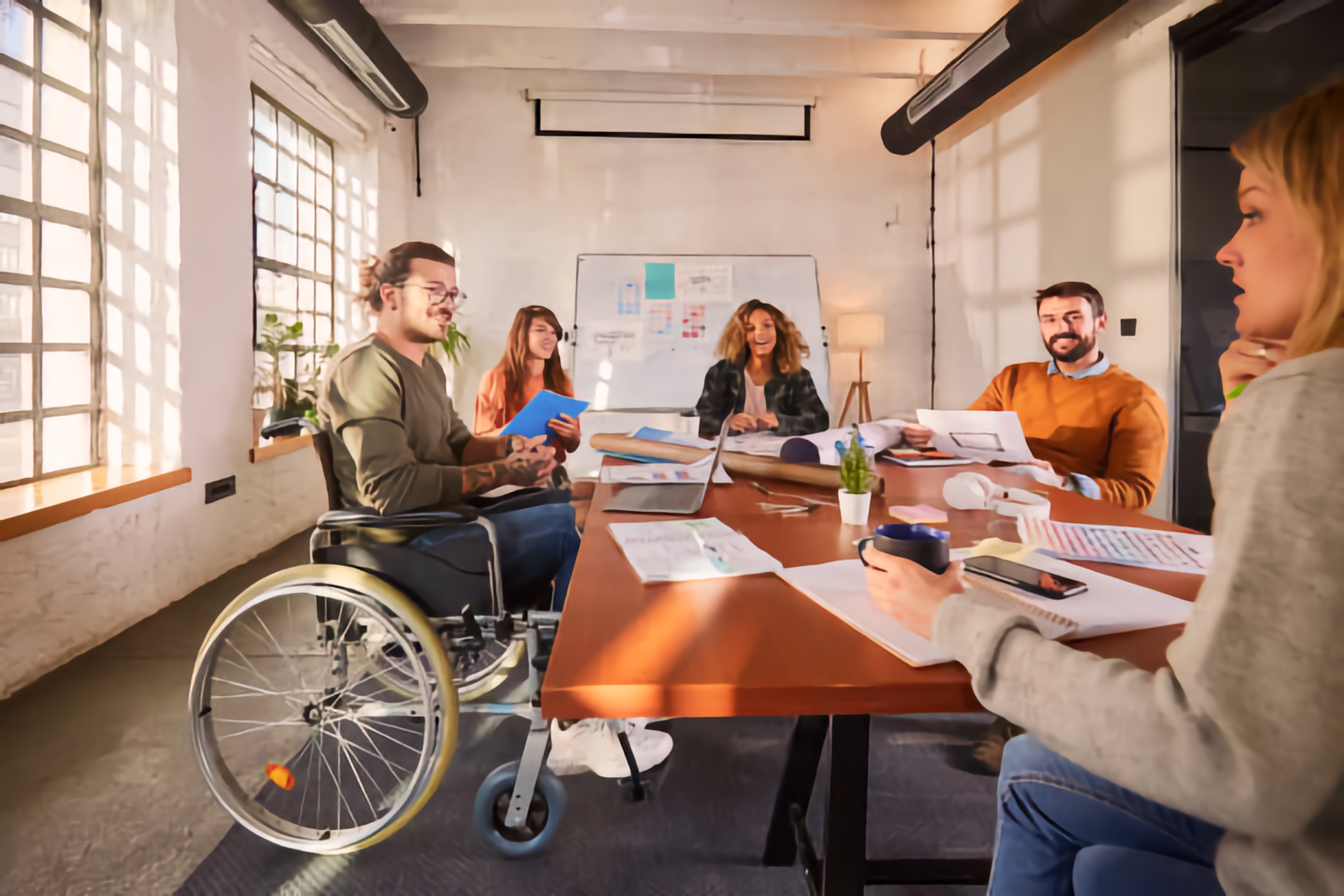 An inclusive meeting featuring  a man who uses a wheelchair