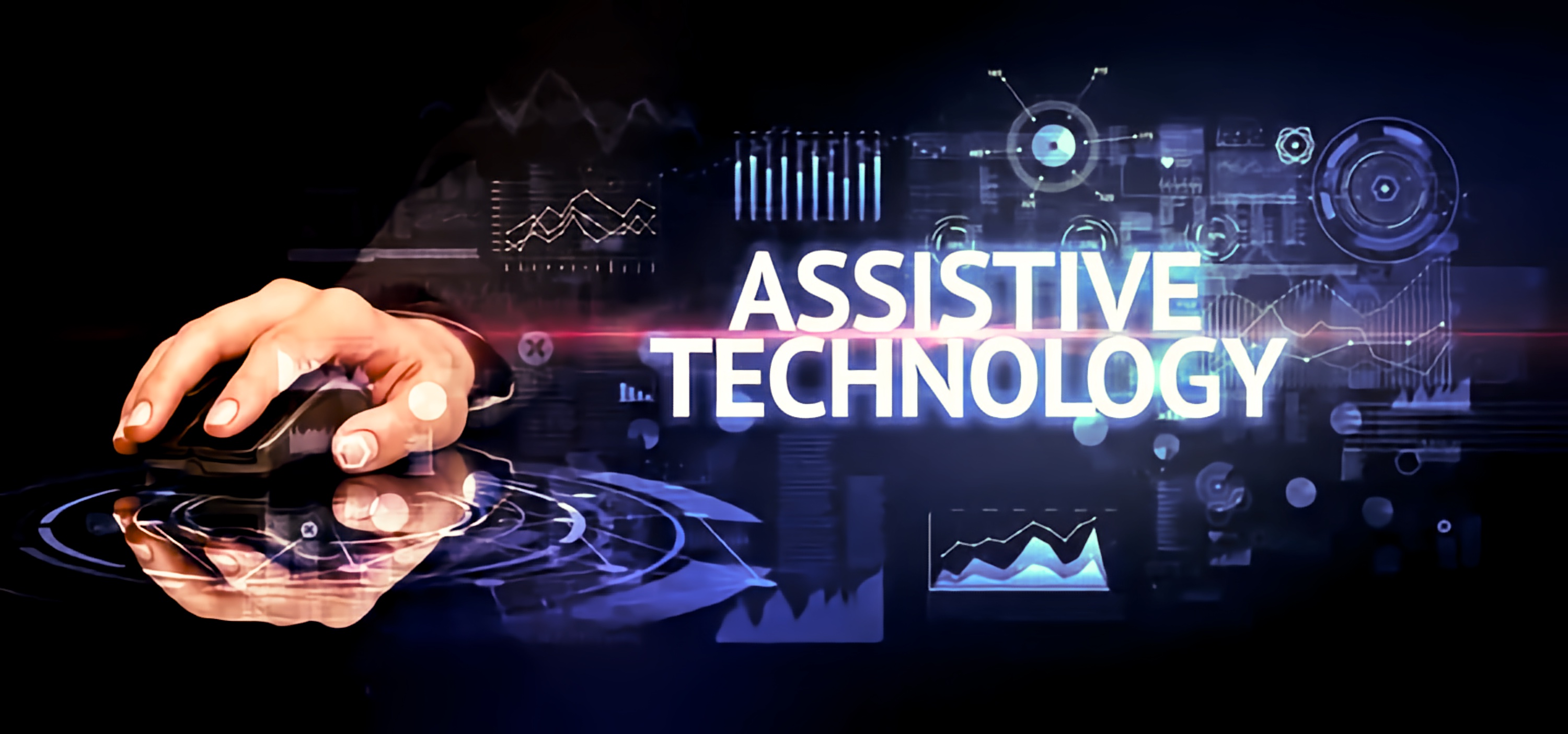 ALT Text (WCAG Compliant): A hand using a mouse on a digital interface with glowing text that reads “Assistive Technology” amid futuristic graphs and icons.