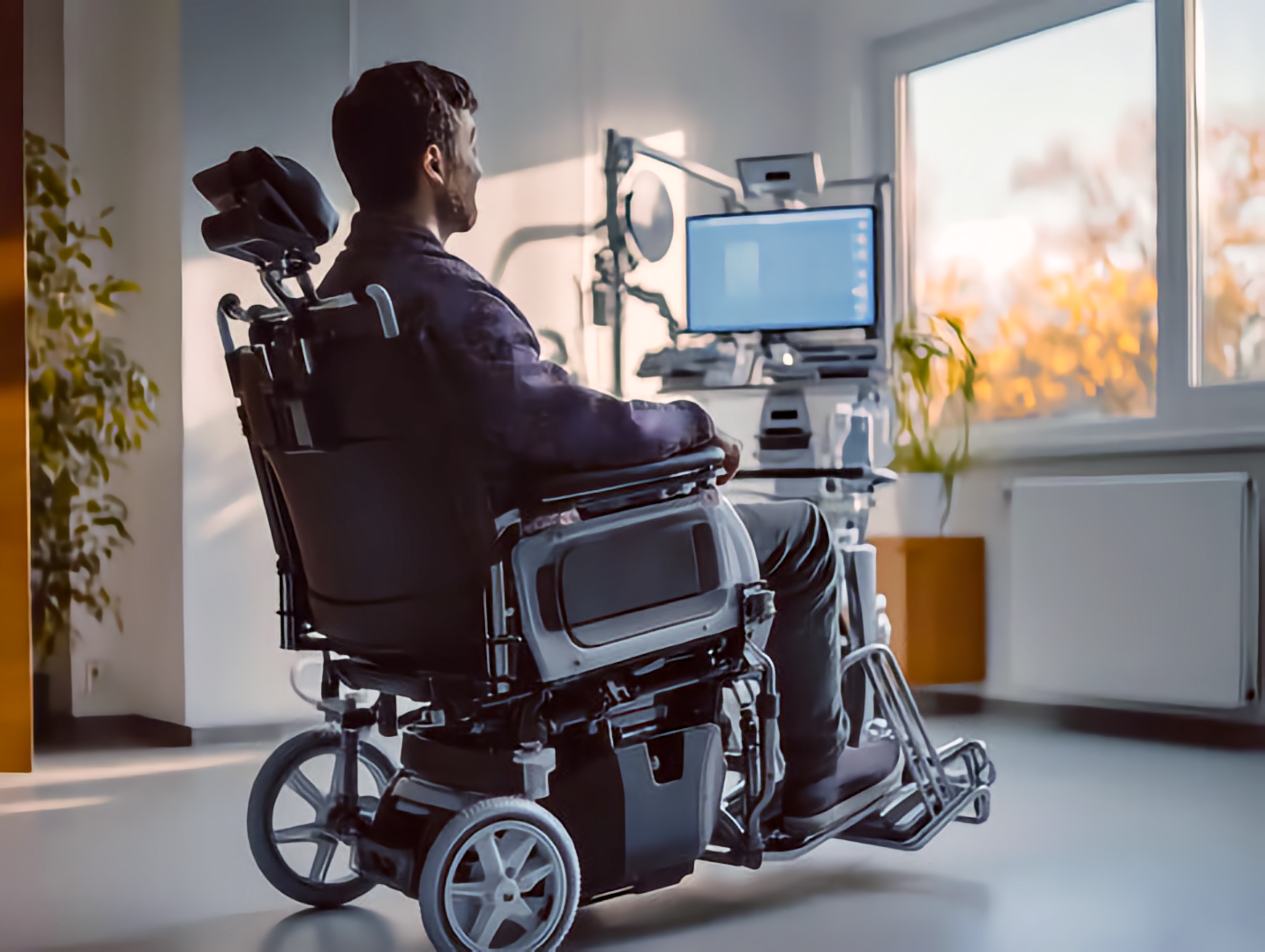 A person seated in a powered wheelchair facing a computer workstation equipped with assistive technology, including a monitor, keyboard, and specialized input devices. The room is bright, with a large window showcasing autumn foliage outside.