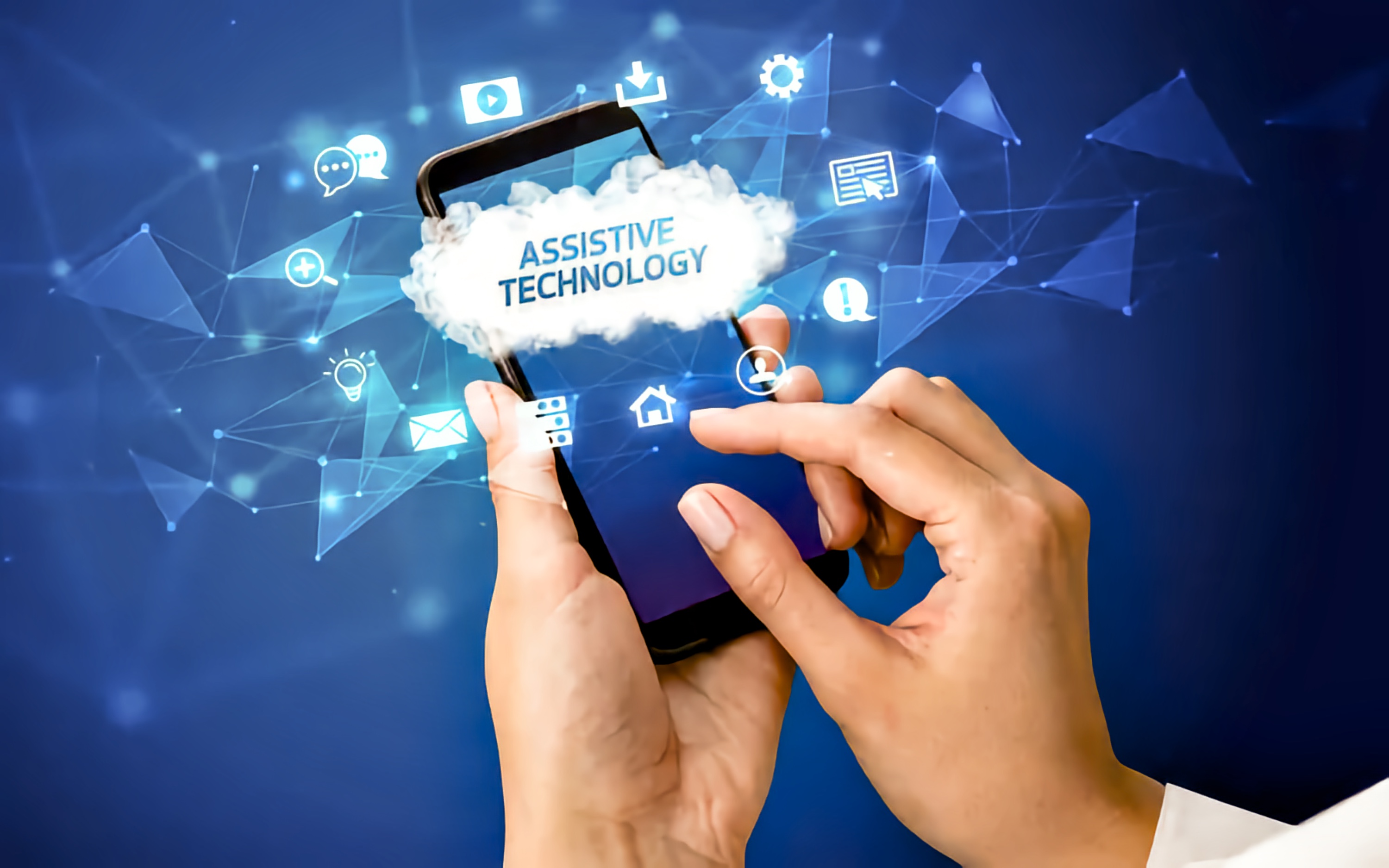 Close-up of hands holding a smartphone displaying a cloud icon labeled "Assistive Technology," surrounded by digital icons representing communication, notifications, and settings against a blue, network-themed background.