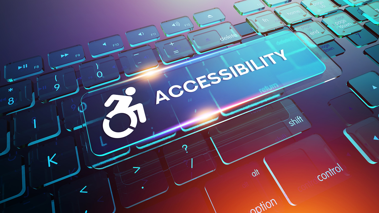 Close-up of a neon-lit keyboard with a large glowing key showing the wheelchair access symbol and the word “Accessibility.”