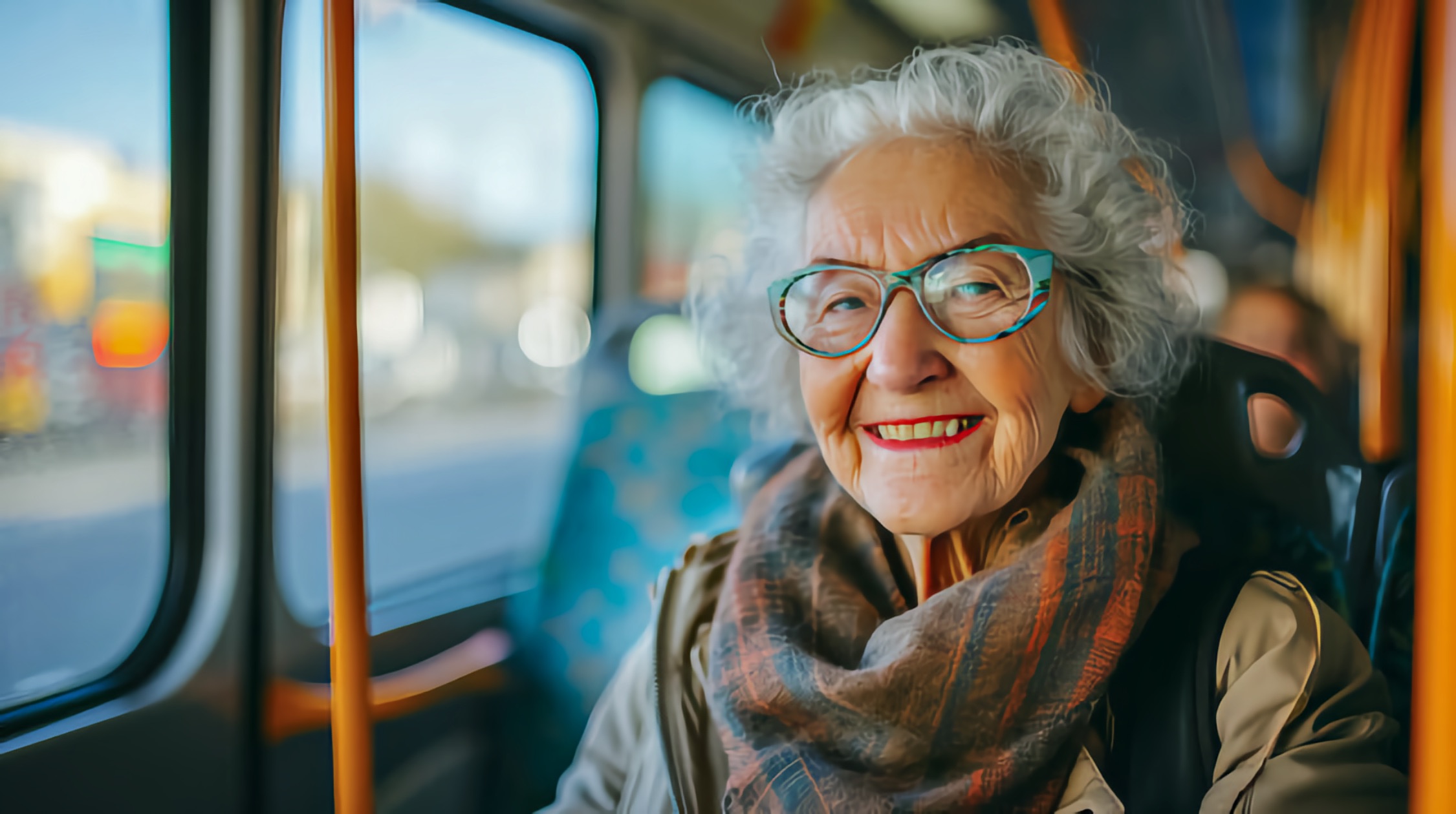 Older woman with gray hair and bright glasses smiles warmly while seated on a city bus
