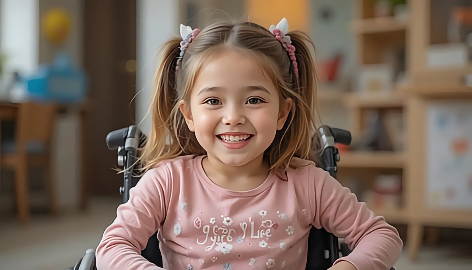 Young girl with pigtails sits in a wheelchair indoors, smiling brightly toward the camera.