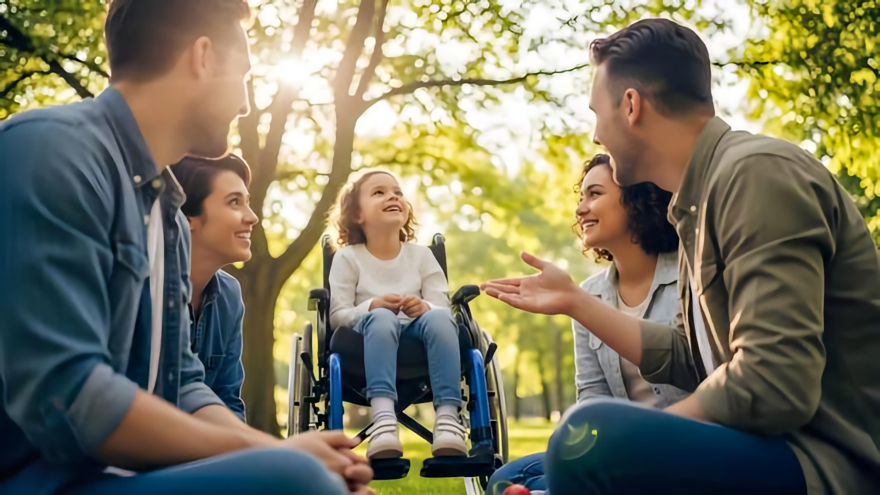 A young child sits in a wheelchair on the grass in a sunlit park, smiling and looking up. Four adults, two men and two women, sit on the grass around the child, smiling and talking with her. One woman appears Black or Latina; the other adults and the child appear white.