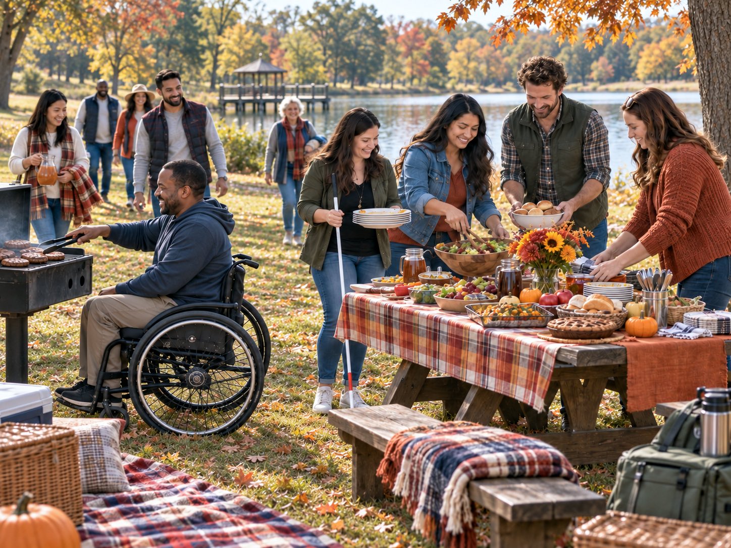 At an autumn lakeside potluck, everyone works the meal: a Black man grilling burgers from his manual wheelchair, a Blind white woman carrying a stack of plates with her long white cane, a Latina woman serving fruit salad, a white man passing a bowl of bread rolls, a white woman setting out dishes, and four more guests arriving with a pitcher of cider.