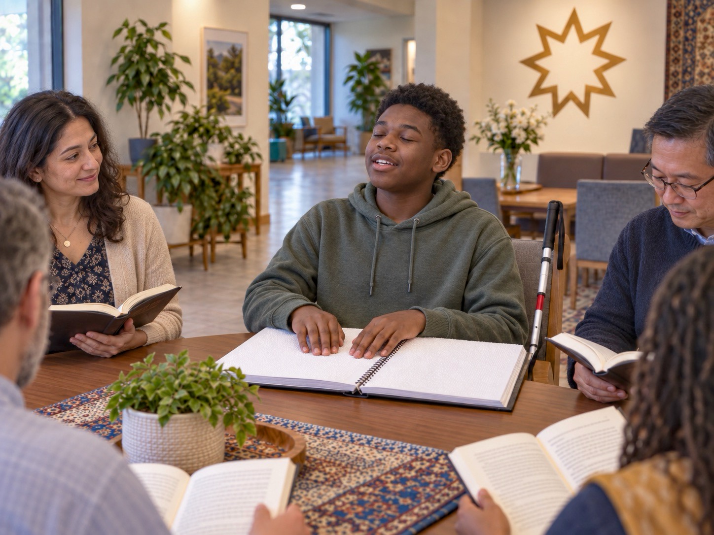 A Blind Black youth smiles and speaks as he reads a braille book with both hands at a wooden table in a Bahá'í study circle, his white cane beside his chair. A woman with long dark hair holds a print book and smiles at him. An Asian man with glasses reads a print book. Two people in the foreground read print books. A large nine pointed star is mounted on the wall of the bright community room.