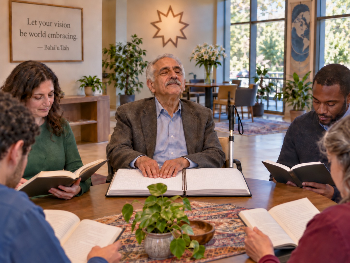 A Blind older Persian man with white hair and a mustache smiles as he reads a braille book with both hands at a round wooden table in a Bahá'í study circle. He sits in a wheelchair with his white cane beside him. A woman with curly dark hair and a Black man read print books beside him. Two people in the foreground read print books. A framed quote on the wall reads "Let your vision be world embracing," by Bahá'u'lláh. A nine pointed star hangs on the wall, and a banner with a globe hangs by the windows.