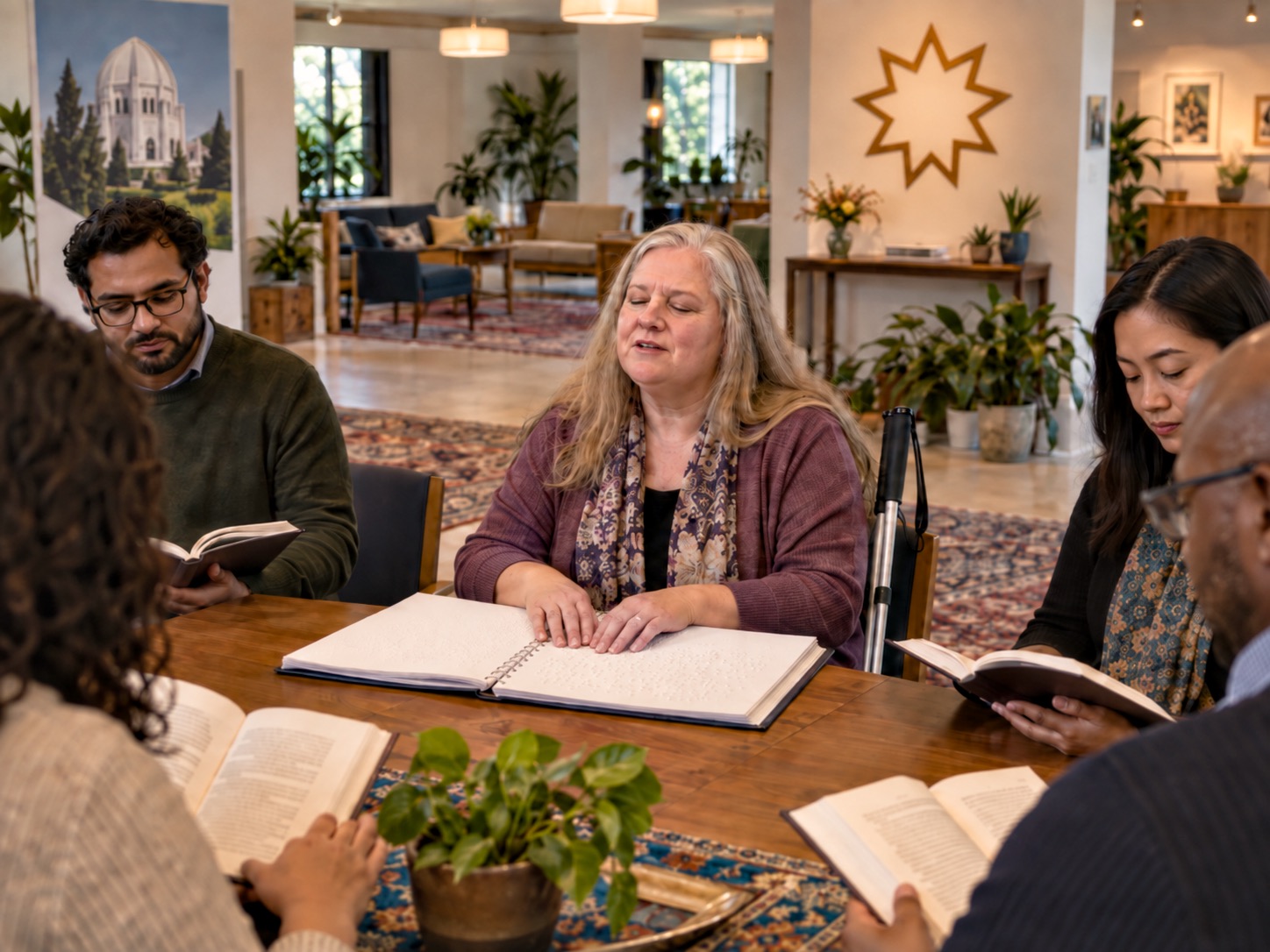 A Blind white woman with long gray blond hair speaks as she reads a braille book with both hands at a wooden table in a Bahá'í study circle, her white cane beside her chair. A South Asian man with glasses and an Asian woman read print books beside her. A Black man with glasses and a woman with curly hair read print books in the foreground. A poster of a white domed temple and a nine pointed star hang in the open community room.