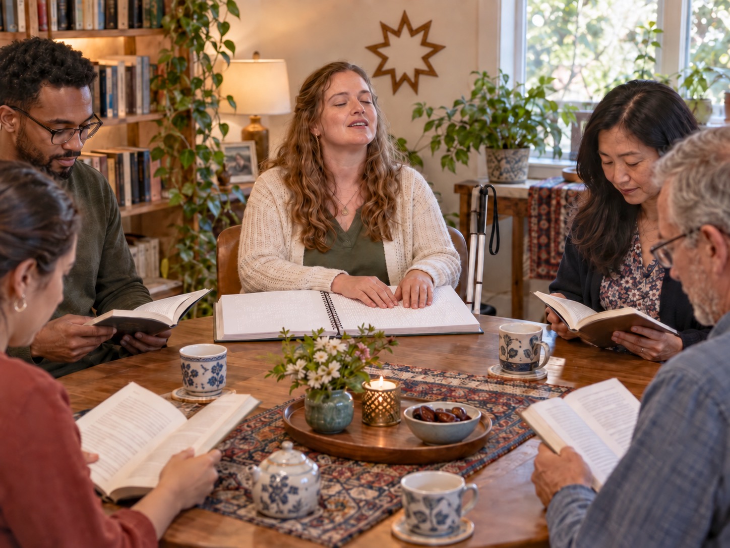 A Blind white woman with long curly hair speaks while reading a braille book with both hands at a round wooden table in a Bahá'í study circle. Her folded white cane stands behind her chair. A Black man with glasses and a beard, an Asian woman, and an older man with gray hair and glasses each read a print book. A woman in the foreground reads a print book. A teapot, cups, a lit candle, flowers, and a bowl of dates sit on the table. A nine pointed star hangs on the wall.