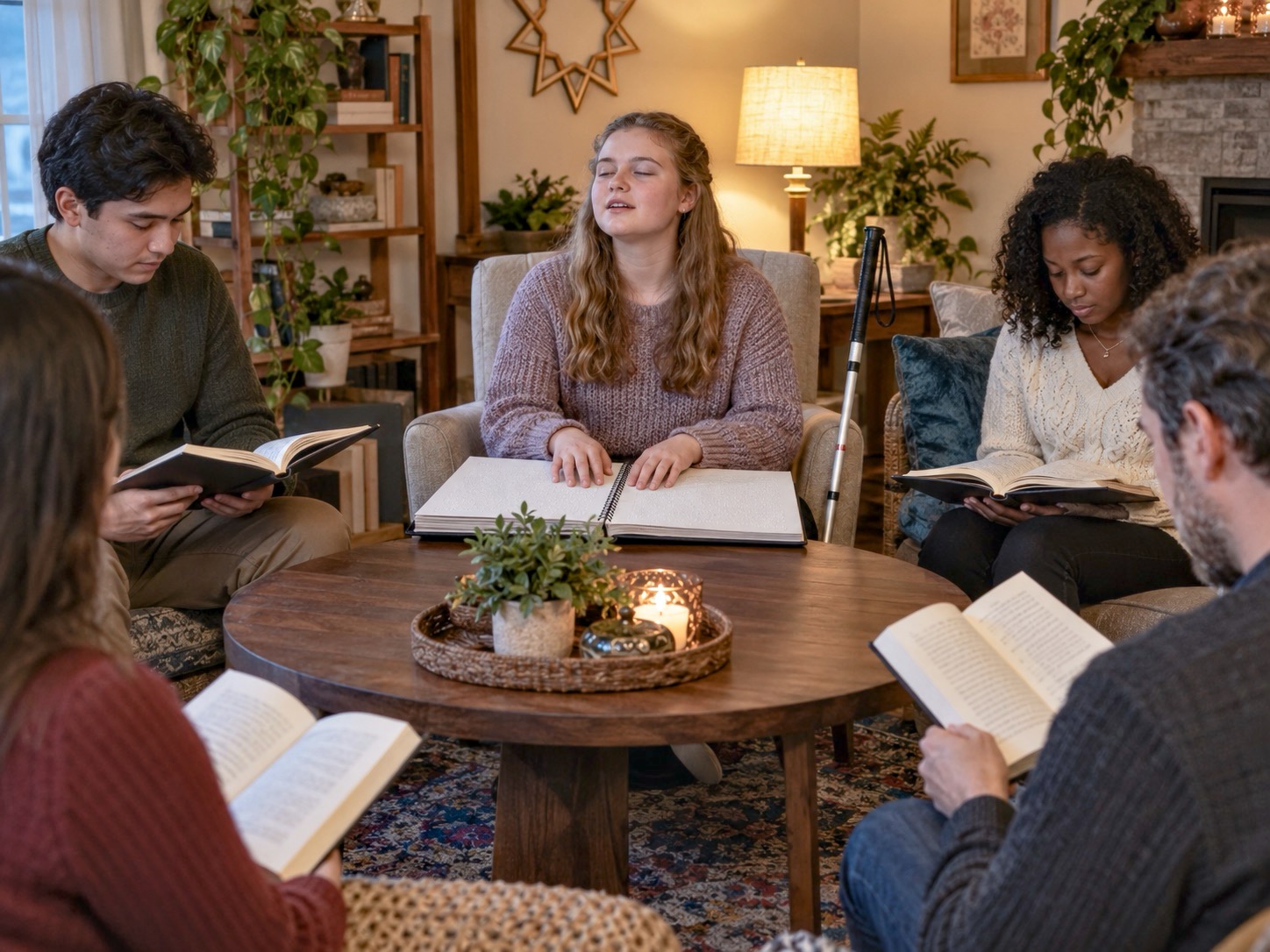 A Blind young white woman with long hair speaks while reading a braille book with both hands at a round wooden coffee table in a Bahá'í study circle, her white cane beside her chair. A young Asian man and a young Black woman read print books on either side of her. Two people in the foreground read print books. A lamp and a lit candle glow in the evening living room, and a nine pointed star hangs on the wall.