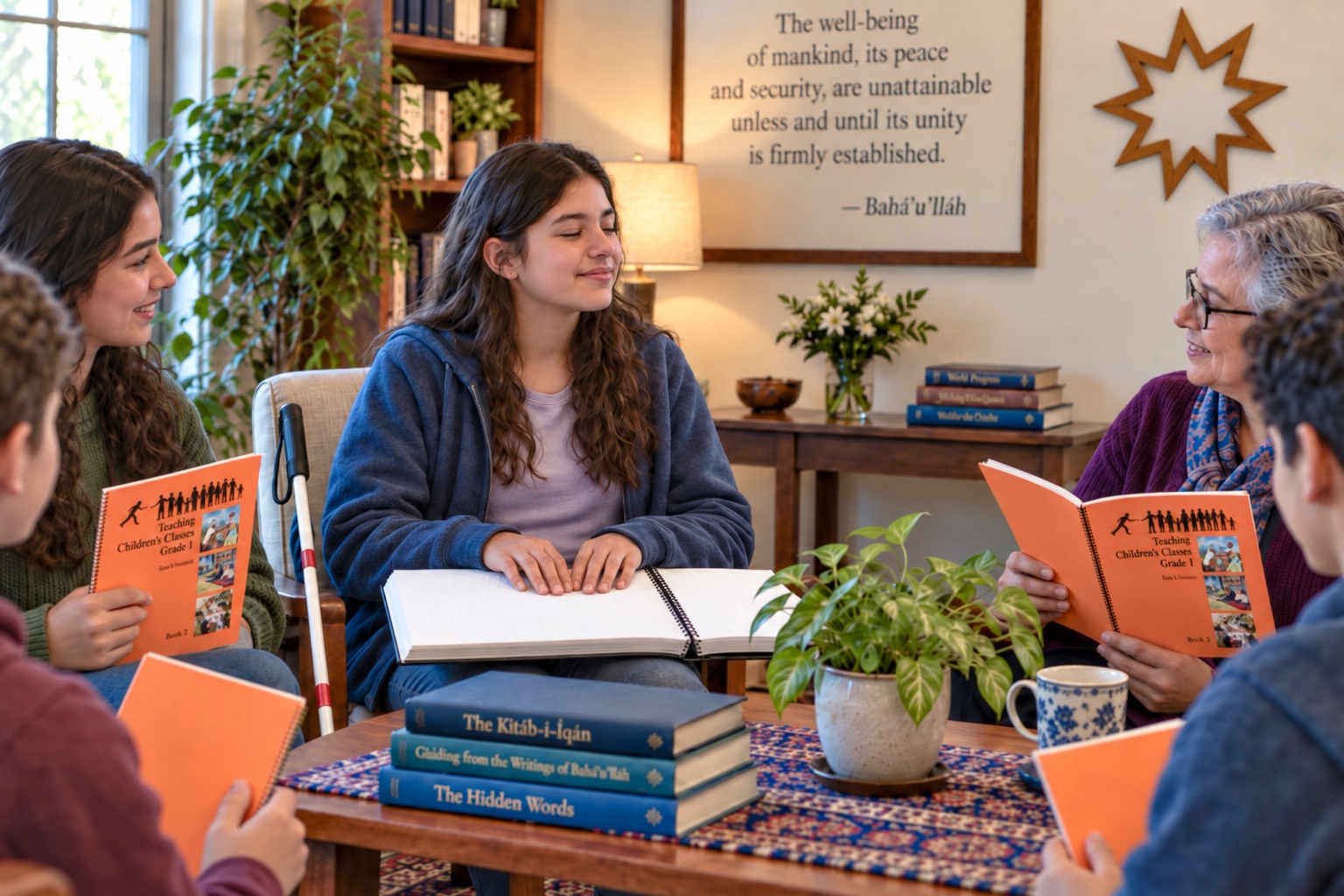 A Blind youth with long curly hair smiles as she reads a braille book on her lap in an armchair during a Bahá'í study circle, her white cane leaning against the chair. A young woman with long curly hair and an older woman with gray hair and glasses smile at her, each holding an orange book titled "Teaching Children's Classes, Grade 1, Book 3," from the Ruhi Institute. Two youth in the foreground hold orange books. A framed quote on the wall reads "The well-being of mankind, its peace and security, are unatt