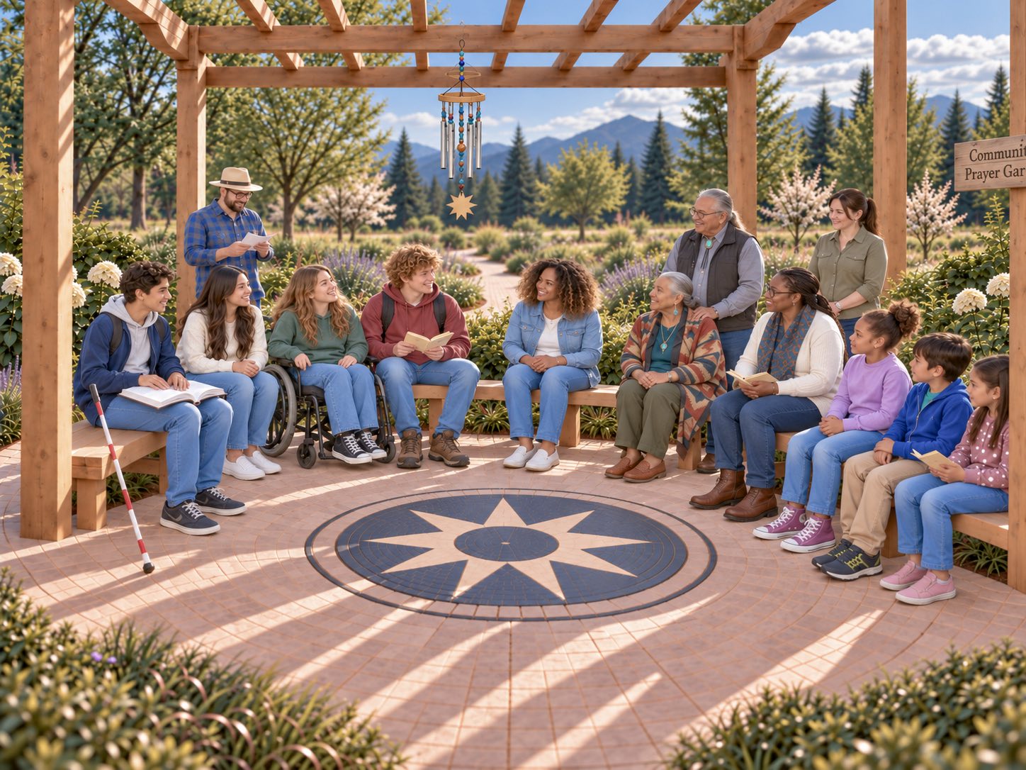 A diverse, multigenerational group gathers beneath a wooden pergola in a community prayer garden to say prayers together. Five young friends, including a wheelchair user, sit among adults, elders, and children around a large nine-pointed star mosaic. Some hold prayer books while others listen, with a handmade wind chime overhead and flowering gardens, trees, and mountains beyond.