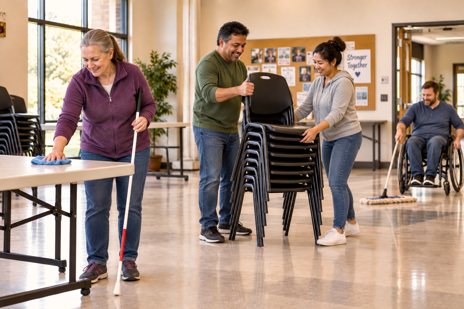 Four adults clean up a bright community room together, and all are smiling. In front, an older white woman who is Blind holds her white cane and wipes down a table with a cloth. In the center, a Latino man and an Asian woman lift a tall stack of black plastic chairs together. In the back, a white man who uses a wheelchair mops the floor.