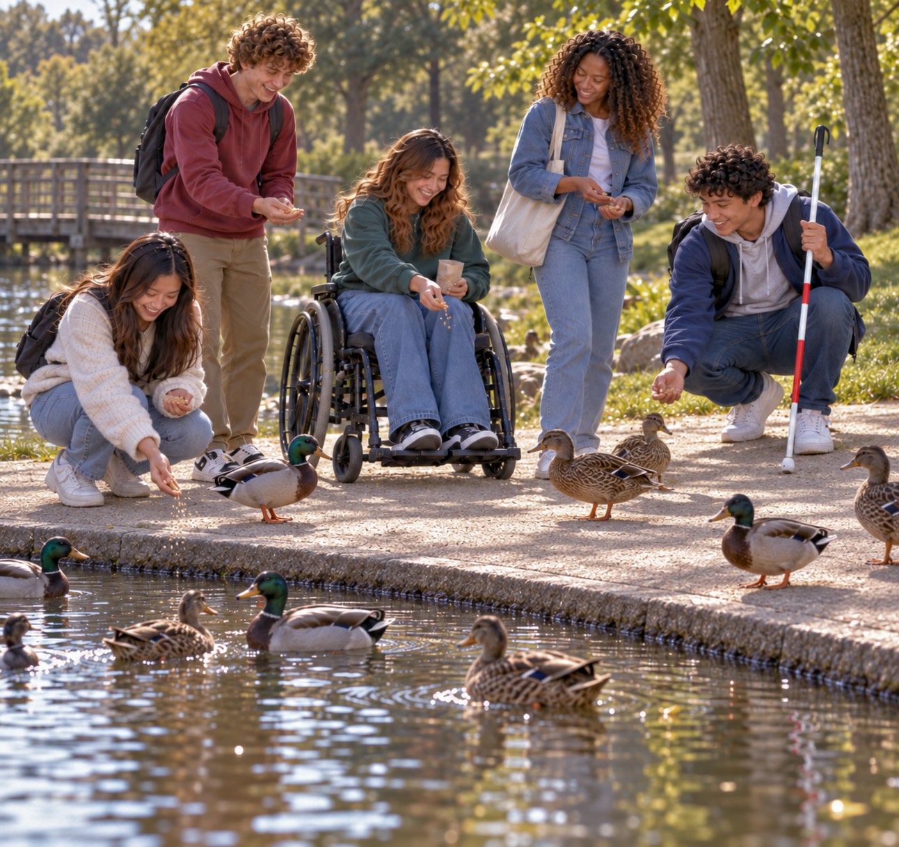 Five diverse youth enjoy feeding ducks beside a city park pond from a wide, level, wheelchair-accessible path. A young woman in a wheelchair sits close to the water while her friends scatter food for ducks gathered along the shoreline, including a blind young man holding his long white cane.