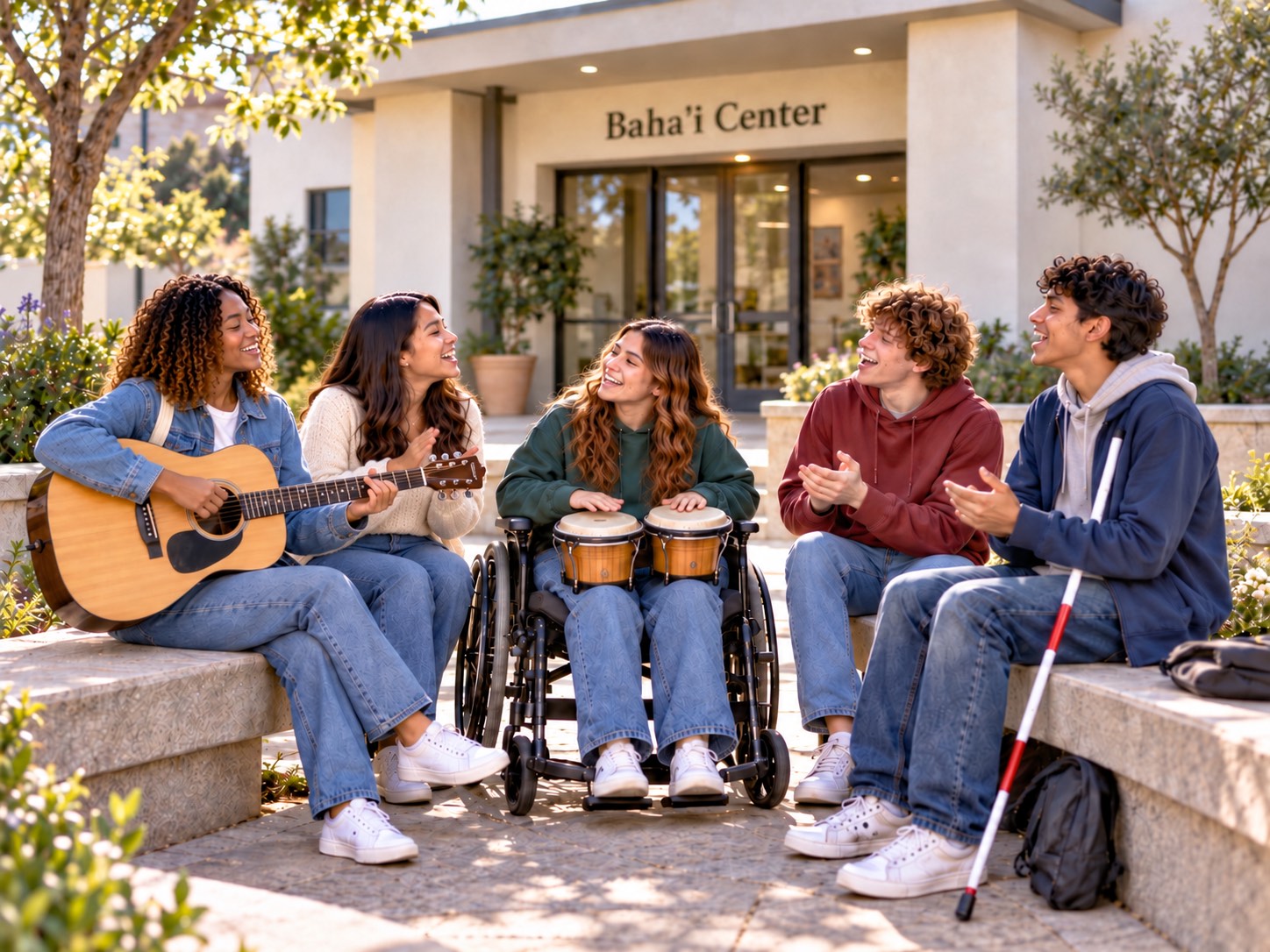 Five diverse youth sing and make music together outside the Bahá’í Center. A Black young woman plays guitar, while a young woman using a wheelchair plays bongos at the center of the group. A blind young man with his white cane and two other friends clap and sing along in the relaxed outdoor music circle.