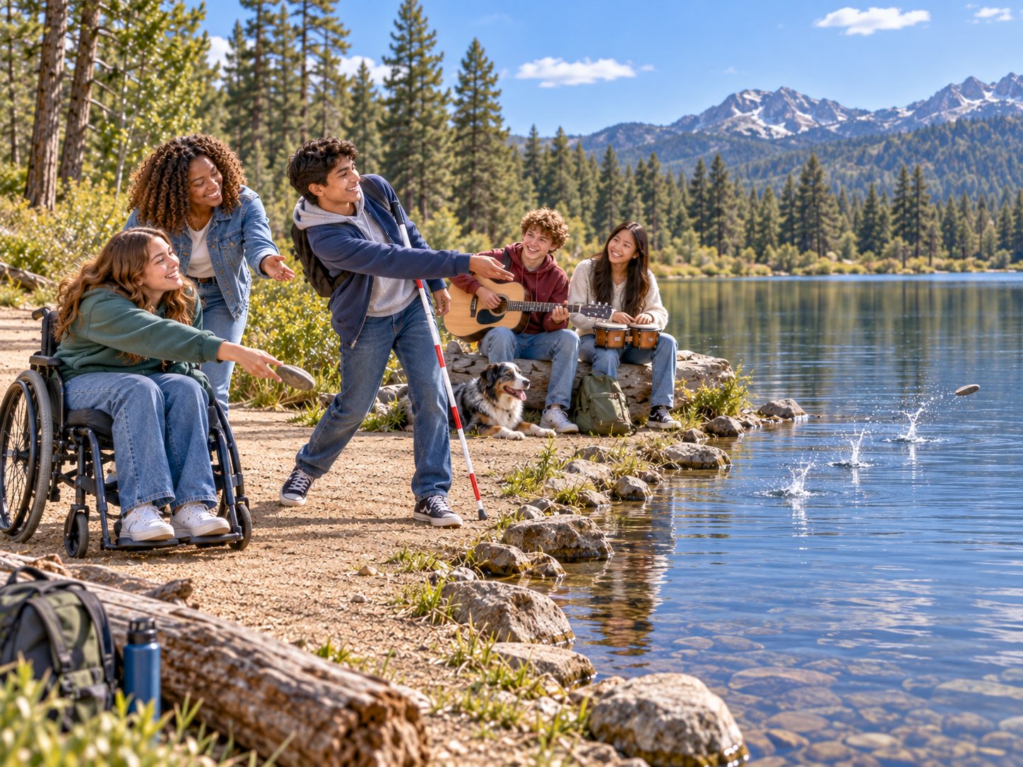 Diverse youth enjoy an accessible lakeshore outing as a wheelchair user and a blind youth with a white cane skip stones across the water while friends nearby play guitar and bongos, surrounded by pine forest and mountain views.