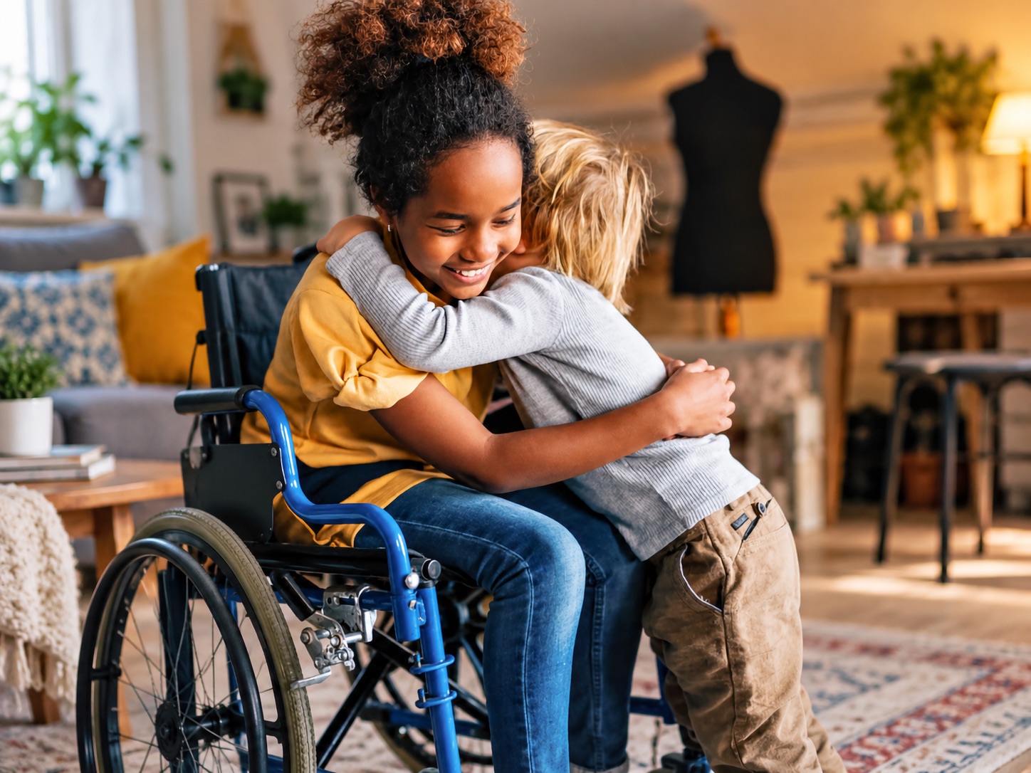A Black girl seated in her wheelchair smiles with her eyes lowered as she hugs a white blond child who stands with arms around her.