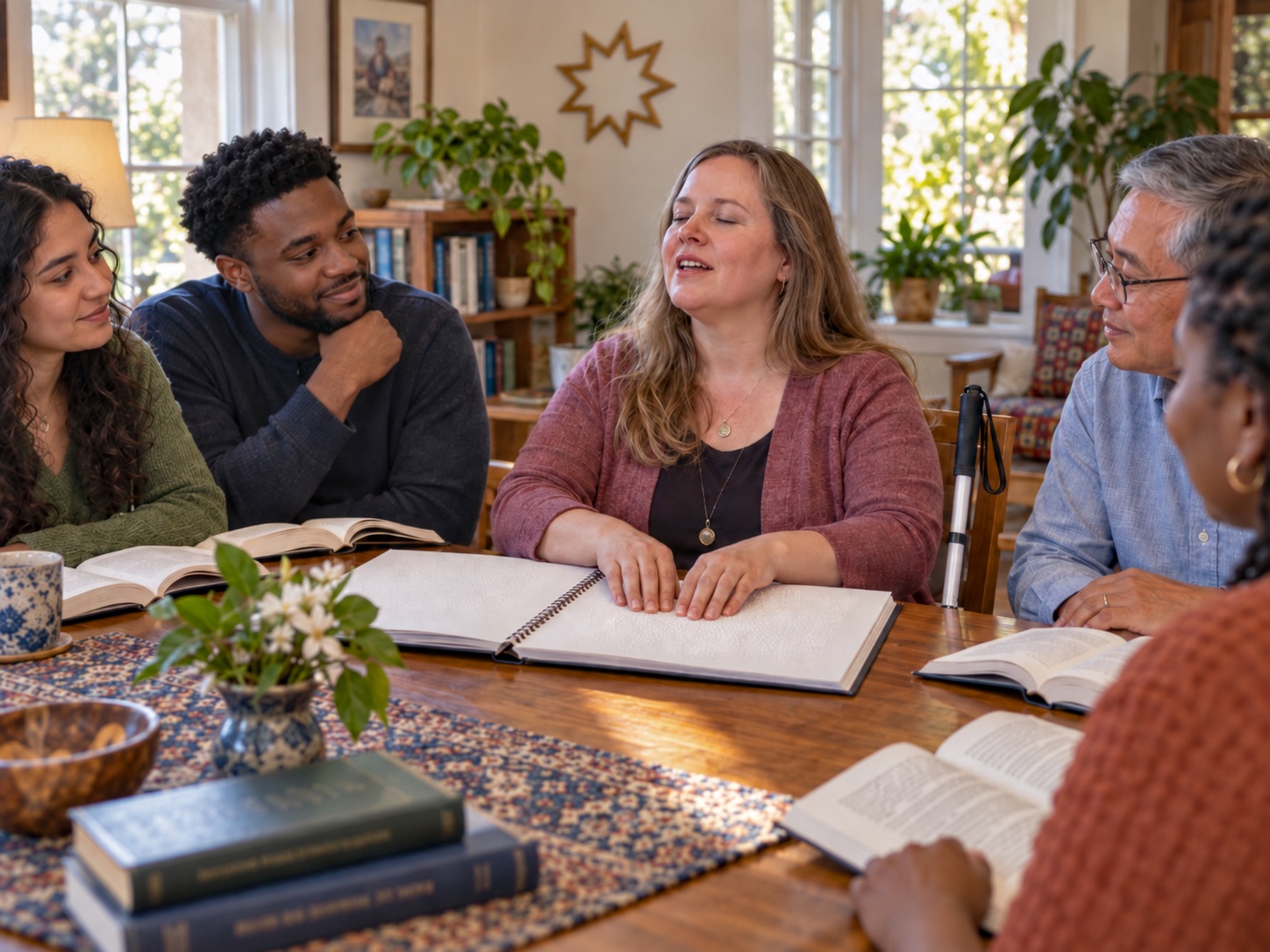 A Blind white woman with long hair speaks while reading a braille book with both hands at a wooden table in a Bahá'í study circle, her white cane beside her chair. A young woman with long curly dark hair and a young Black man turn toward her and smile, and he rests his chin on his hand. An older Asian man with glasses smiles as he listens. A Black woman sits in the foreground with an open print book. A nine pointed star hangs on the wall.