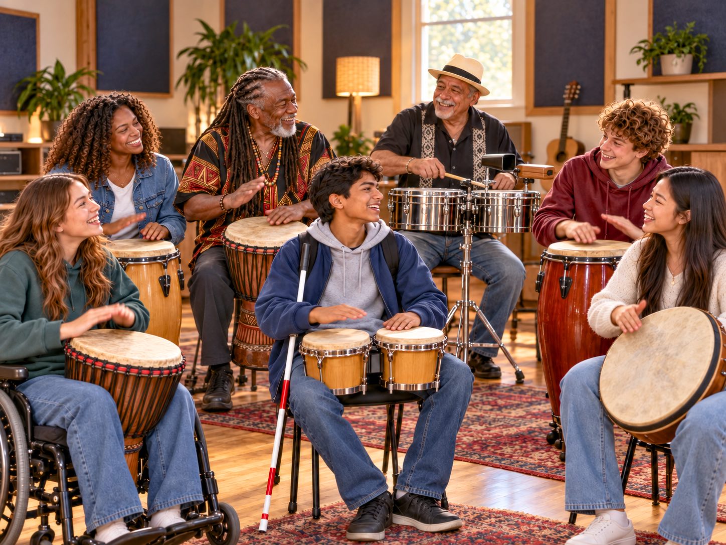 Five diverse youth take part in a lively drum circle in a small music studio with two elder instructors at the center. A Cuban instructor plays timbales with a mounted cowbell and woodblock, while a Black instructor with long locs plays a djembe. Around them, the youth smile and play a mix of hand drums; a wheelchair user plays at the left, and a blind young man plays bongos