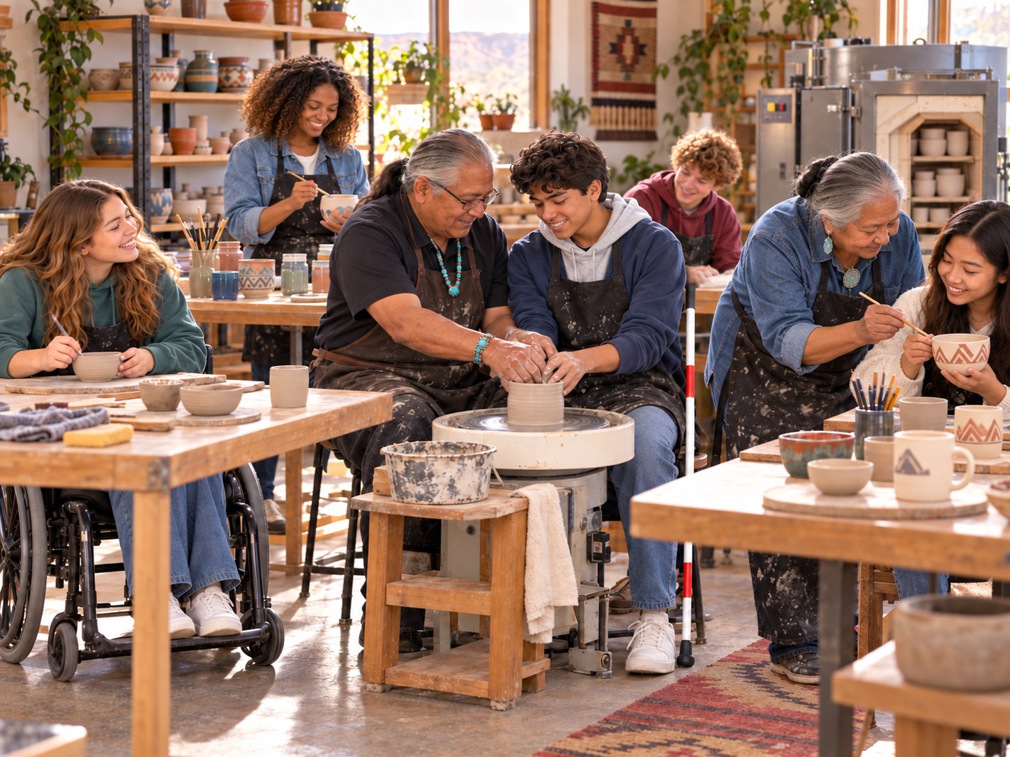 Five diverse youth take a beginner pottery class with an elder Diné couple in a bright studio. The elder man guides the blind student’s hands as they shape clay on a wheel, while the elder woman shows another student how to paint a geometric pattern. Others shape and decorate pottery, with a kiln and finished pieces visible nearby.