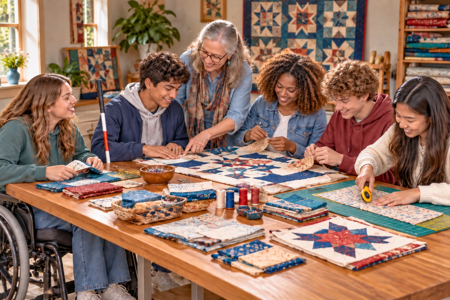 An older woman guides five racially diverse youth—including Black, Asian, and white participants, a wheelchair user, and a blind young man—through quilting as they cut fabric, hand-stitch pieces, and work together on a colorful quilt in progress.