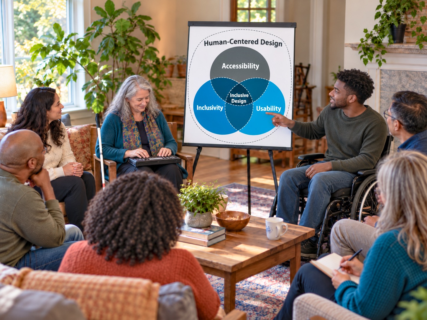 Two presenters lead a living room group. A Black man in a wheelchair points to a flip chart reading "Human-Centered Design," with overlapping circles labeled Accessibility, Inclusivity, and Usability meeting at Inclusive Design. Beside him an older white woman who is blind reads a refreshable braille display, her white cane resting against her chair. Six people listen from a circle of chairs.