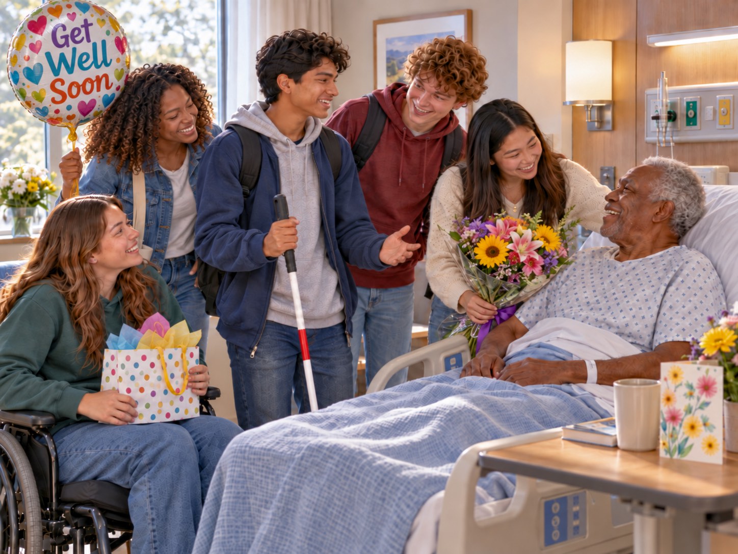 Five diverse youth visit an older man in a hospital room, smiling and speaking warm get-well wishes. One youth holds a “Get Well Soon” balloon, another brings flowers, and a young woman in a wheelchair carries a gift bag while the blind youth stands nearby with his white cane as everyone happily gathers around the man’s bed.
