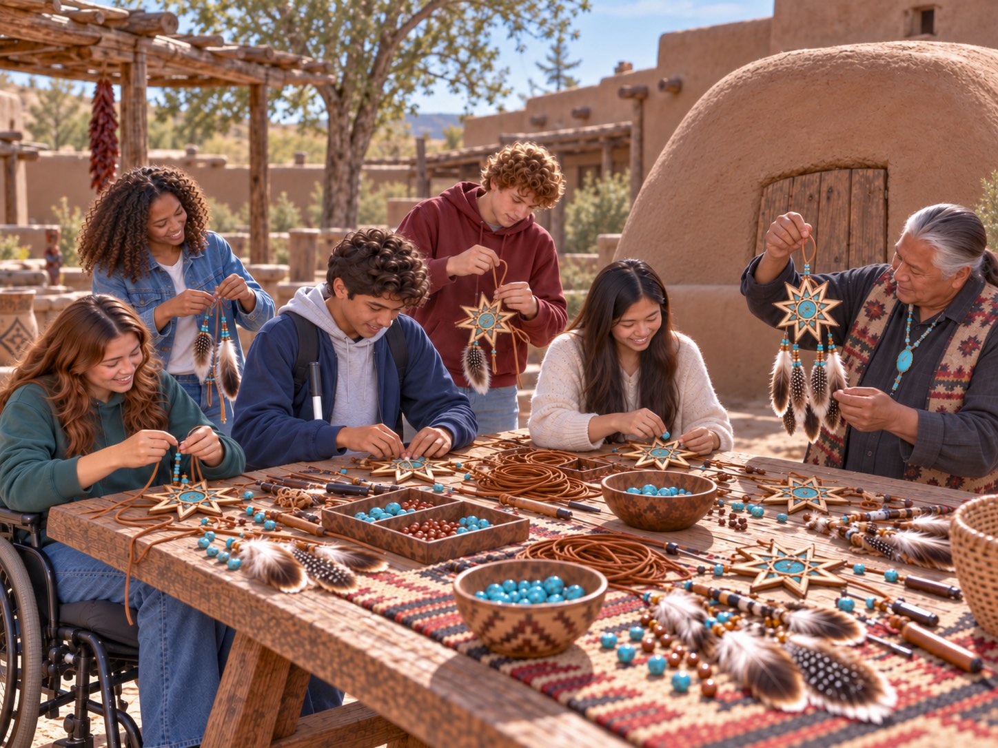 Five youth and an older Native American man gather around a large wooden table in a sunny adobe courtyard. The table is covered with unfinished nine-pointed wooden stars, turquoise pieces, leather cord, beads, feathers, bowls, and hand tools. The grandfather holds up the only completed star while the youth work on partially finished pieces. A closed beehive-shaped horno stands behind them.