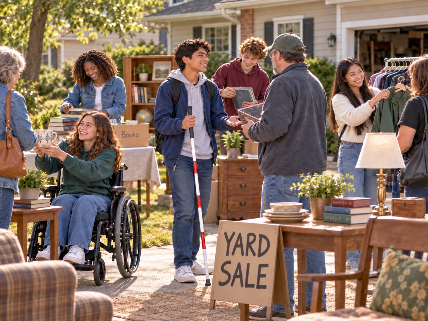 Five youth run a neighborhood yard sale, arranging books, clothing, and used furniture while warmly talking with shoppers. A young woman in a wheelchair shows an item to a customer, and a blind youth with a white cane chats with another shopper beside a simple “Yard Sale” sign.