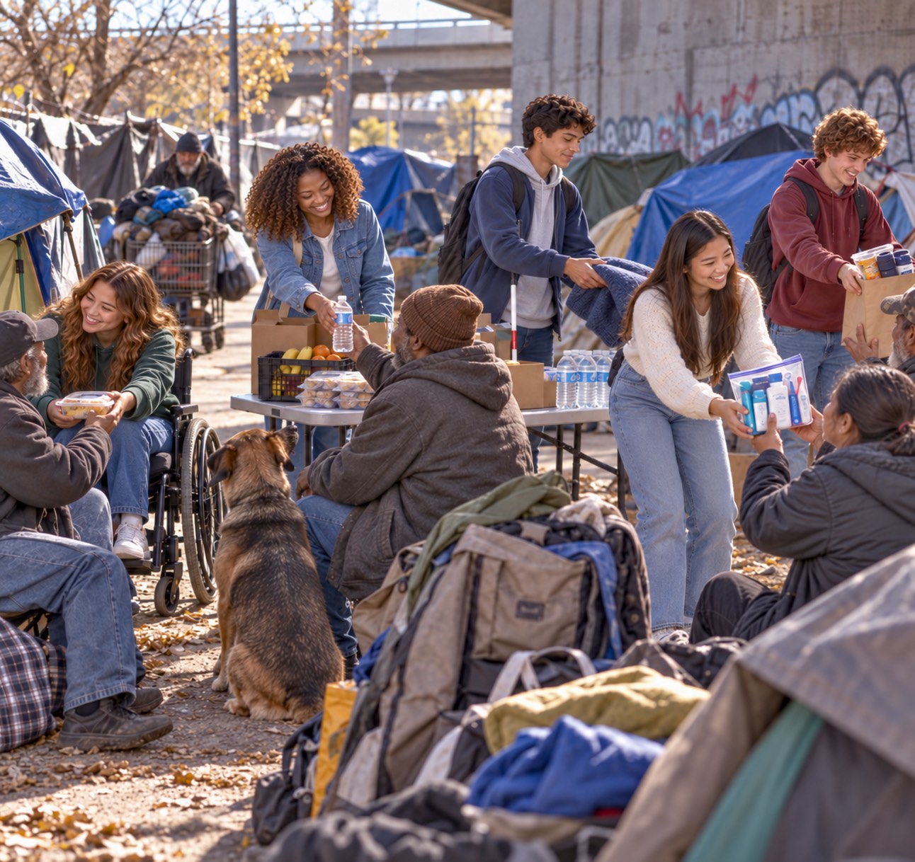 Five youth volunteers distribute meals, water, blankets, and hygiene supplies while talking and interacting personally with people living in a homeless encampment beneath an overpass.