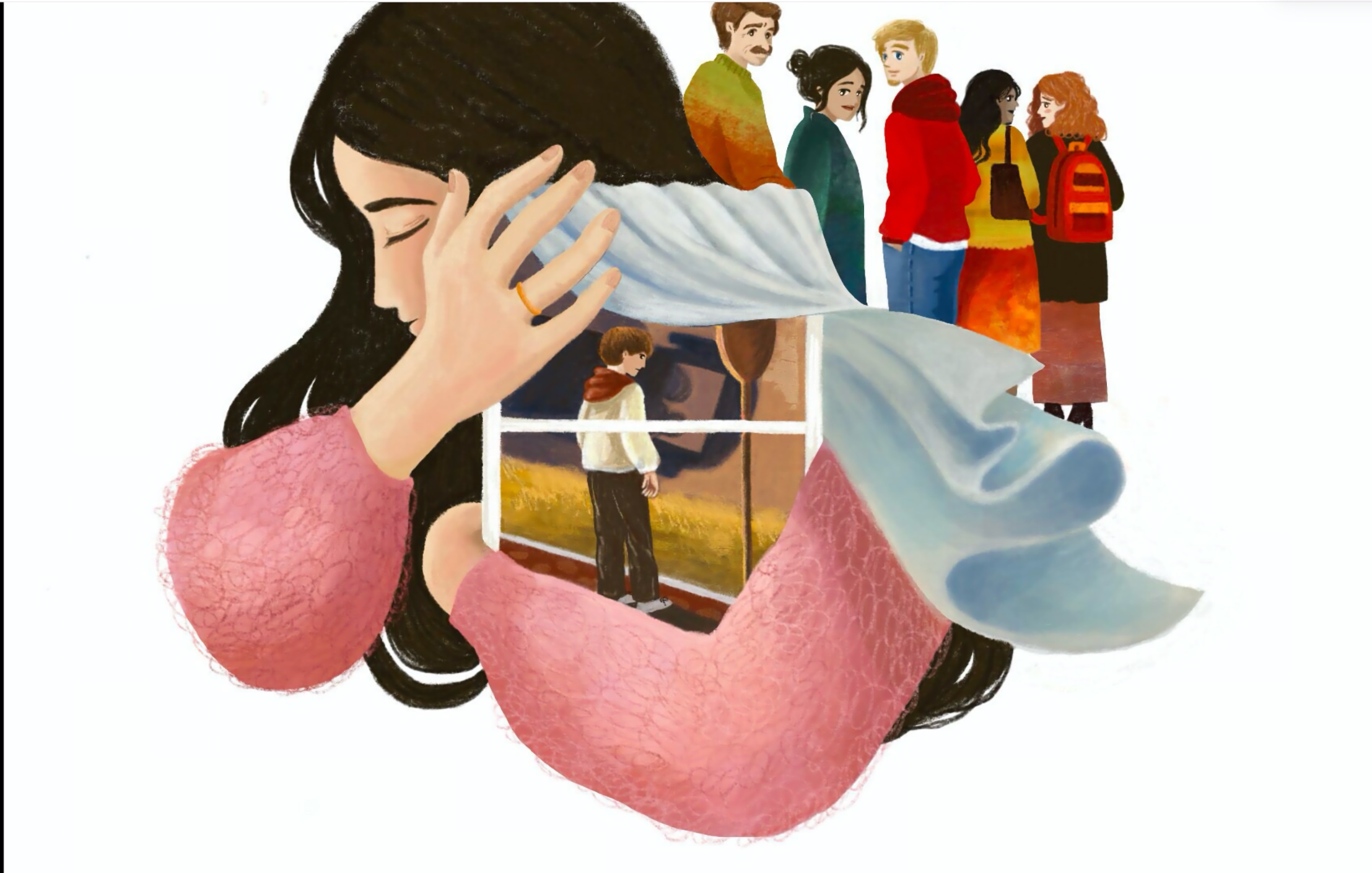 A digital illustration. An adult woman with long dark hair buries her face in one hand, eyes closed, in a posture of grief. Overlaid on the composition is a framed window showing a young boy standing alone outdoors in a warm golden landscape, seen from behind. In the background, a diverse mixed-gender group of five young adults, faces away from the woman and child, engaged in conversation among themselves.