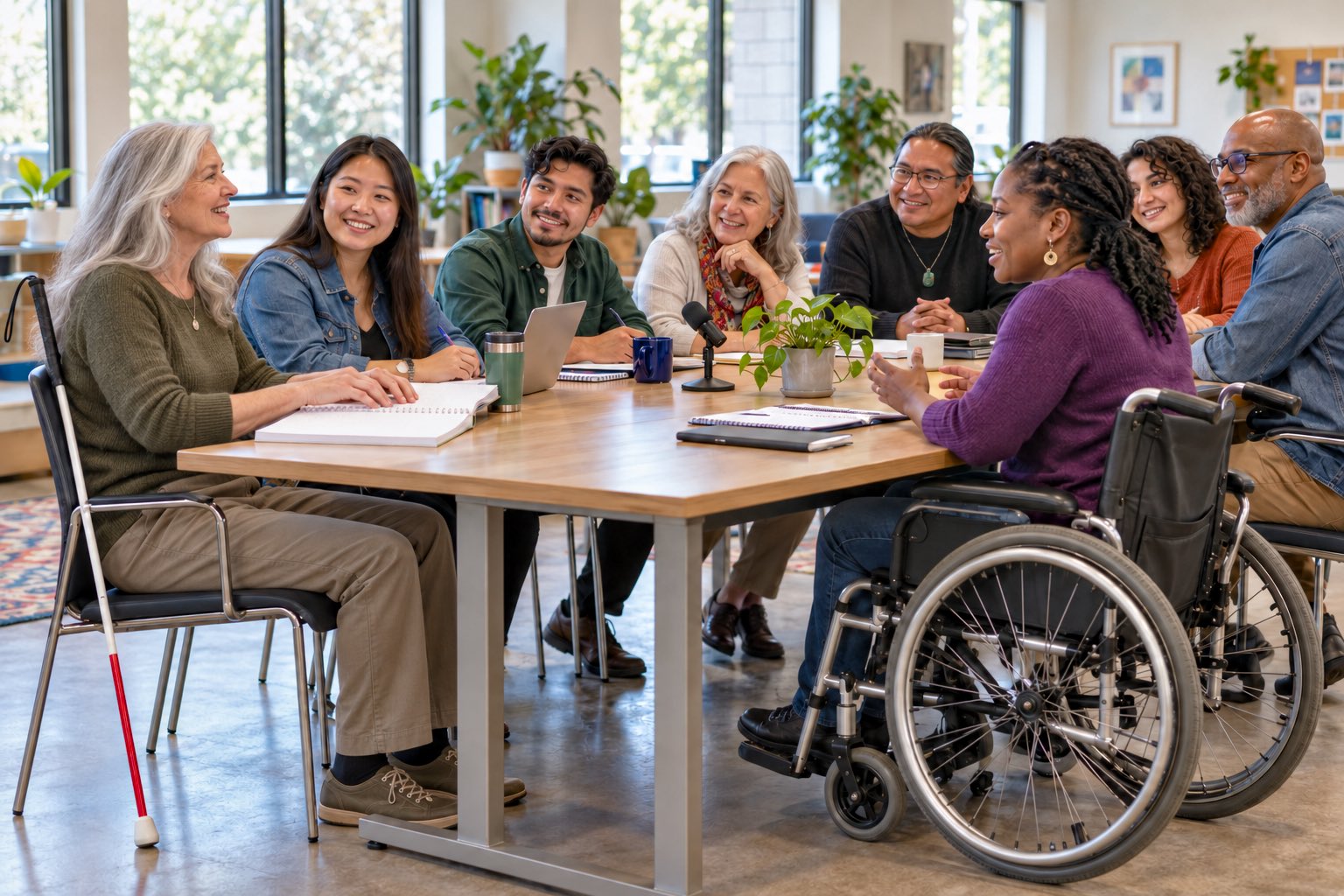 Adults of different races and ages share a lively discussion around a table in a sunlit room. An older blind white woman reads Braille, while a Black woman using a wheelchair gestures as others smile and listen.
