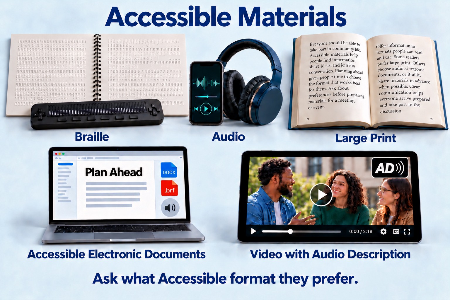 Graphic showing a Braille book and refreshable display, headphones and audio player, large-print book, laptop with Word and .BRF documents, and video player with the AD audio description logo. Text reminds readers to ask which accessible format their friend prefers.