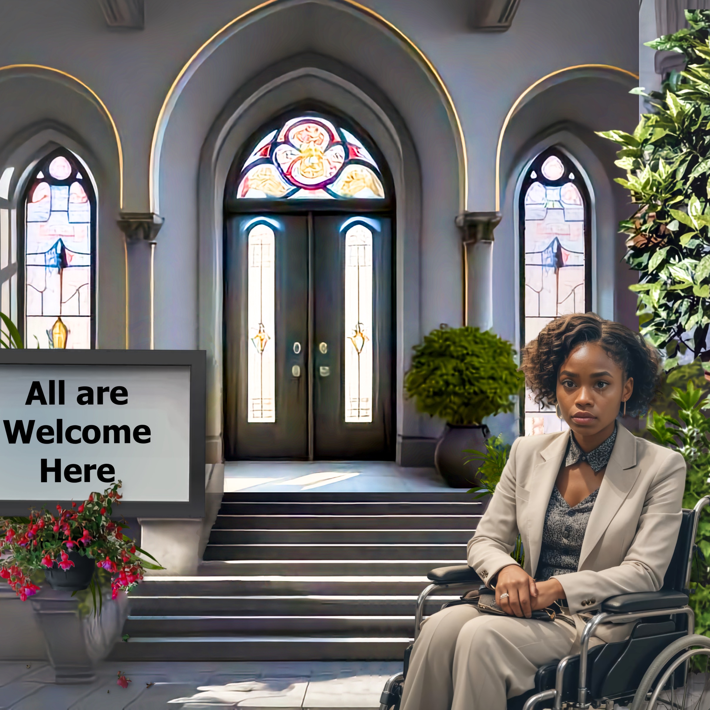 Young Black woman with shoulder-length curly dark hair sits upright in a manual wheelchair, angled slightly left with her head turned toward the entrance and her hands resting on the chair’s armrests.