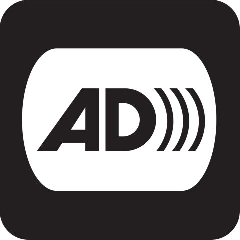 Audio Description Icon: A black square with a rounded white rectangle inside containing the uppercase letters AD and three curved lines ))) representing sound waves.