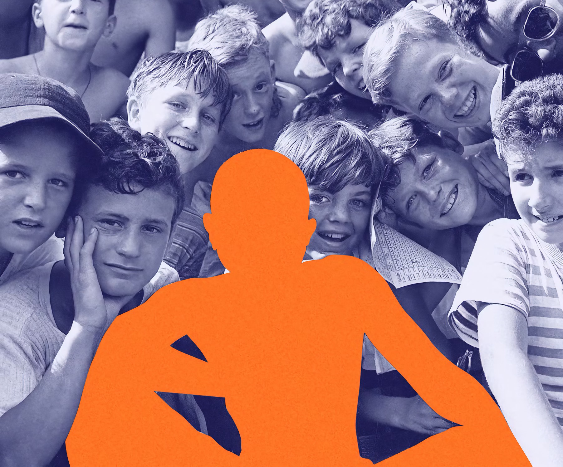 A solid orange silhouette of a young person sits at the center of the image, seen from behind with both arms extended out to the sides. Around the silhouette, filling the entire frame, a tightly packed crowd of boys ranging from young children to juniors press their heads close together, most of them smiling and looking directly toward the viewer. The crowd is printed in blue.