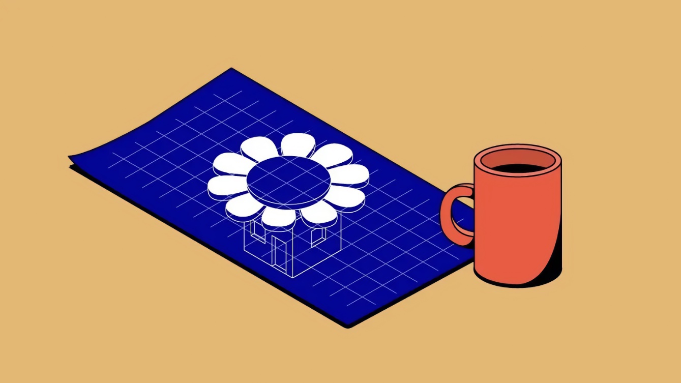 An isometric illustration of a cobalt blue blueprint with white grid lines, lying flat at a diagonal angle. The blueprint features a white line drawing of a daisy-shaped structure with oval petals surrounding a dark circular center disk, above angular architectural support lines forming a structural base. A terracotta orange coffee mug with a curved handle sits to the right of the blueprint on a warm golden tan background.