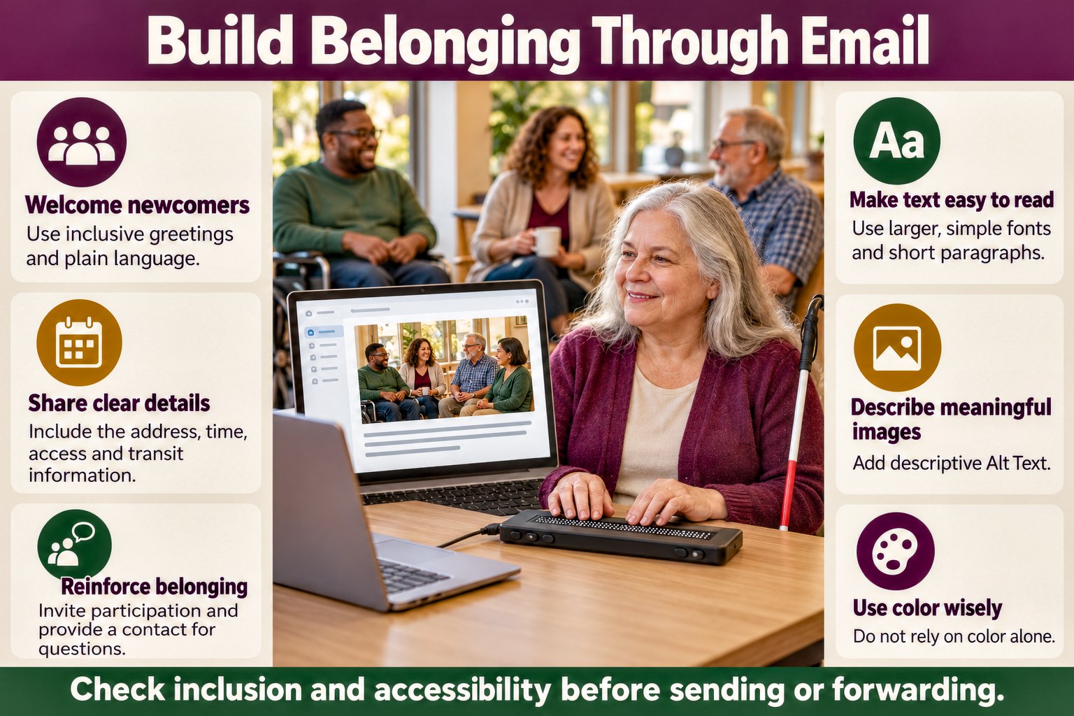 An older woman uses a Braille display beside a laptop showing a community gathering photo. A white cane rests beside her, and three people, including a wheelchair user, sit behind her. Six illustrated panels cover welcoming newcomers, sharing clear details, reinforcing belonging, readable text, image descriptions, and color use. A bottom banner reads, “Check inclusion and accessibility before sending or forwarding.”