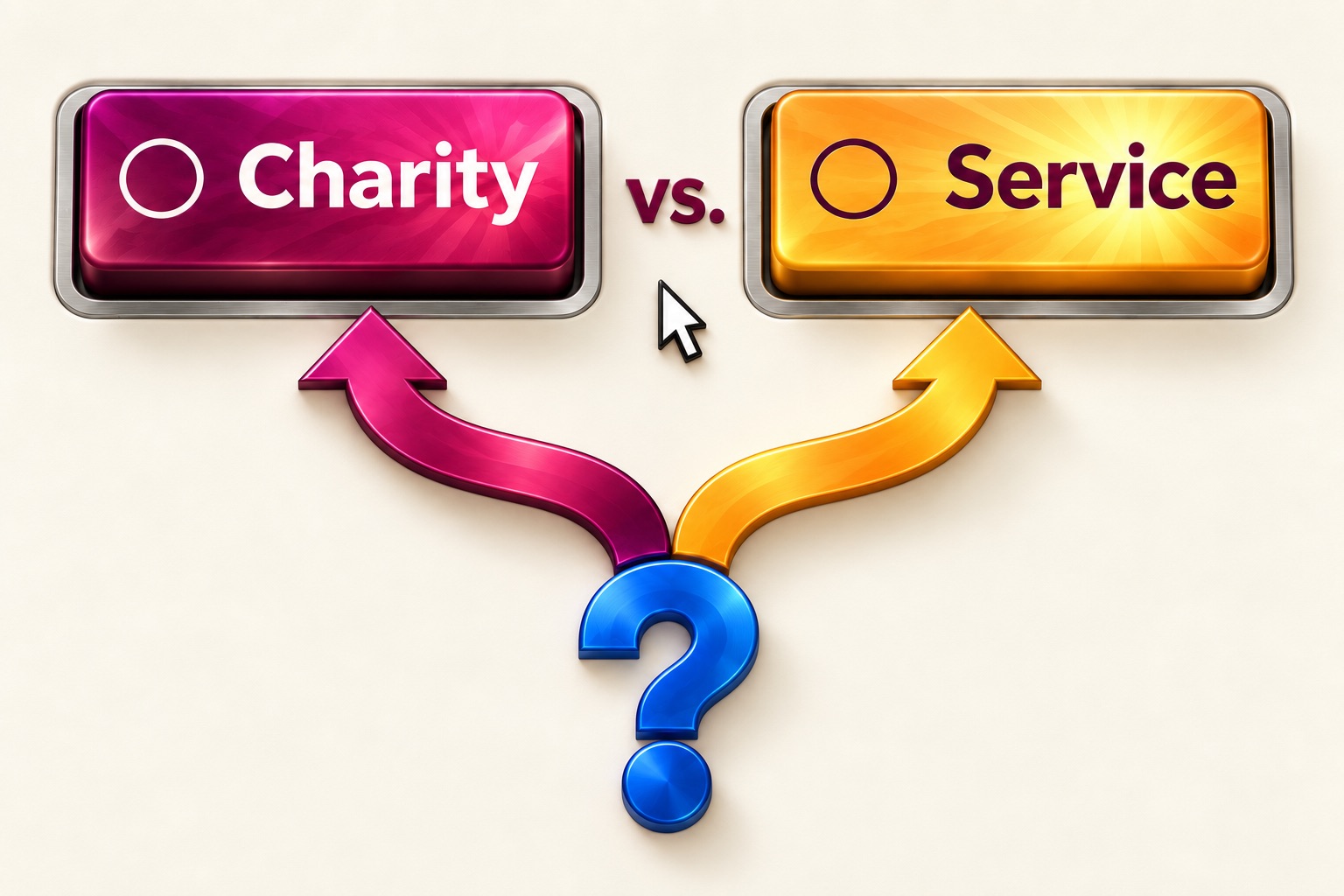 Buttons labeled “Charity” and “Service” have empty selection circles, with “vs.” between them. A cursor rests between the choices, while arrows branch from a question mark toward both buttons, inviting a decision.