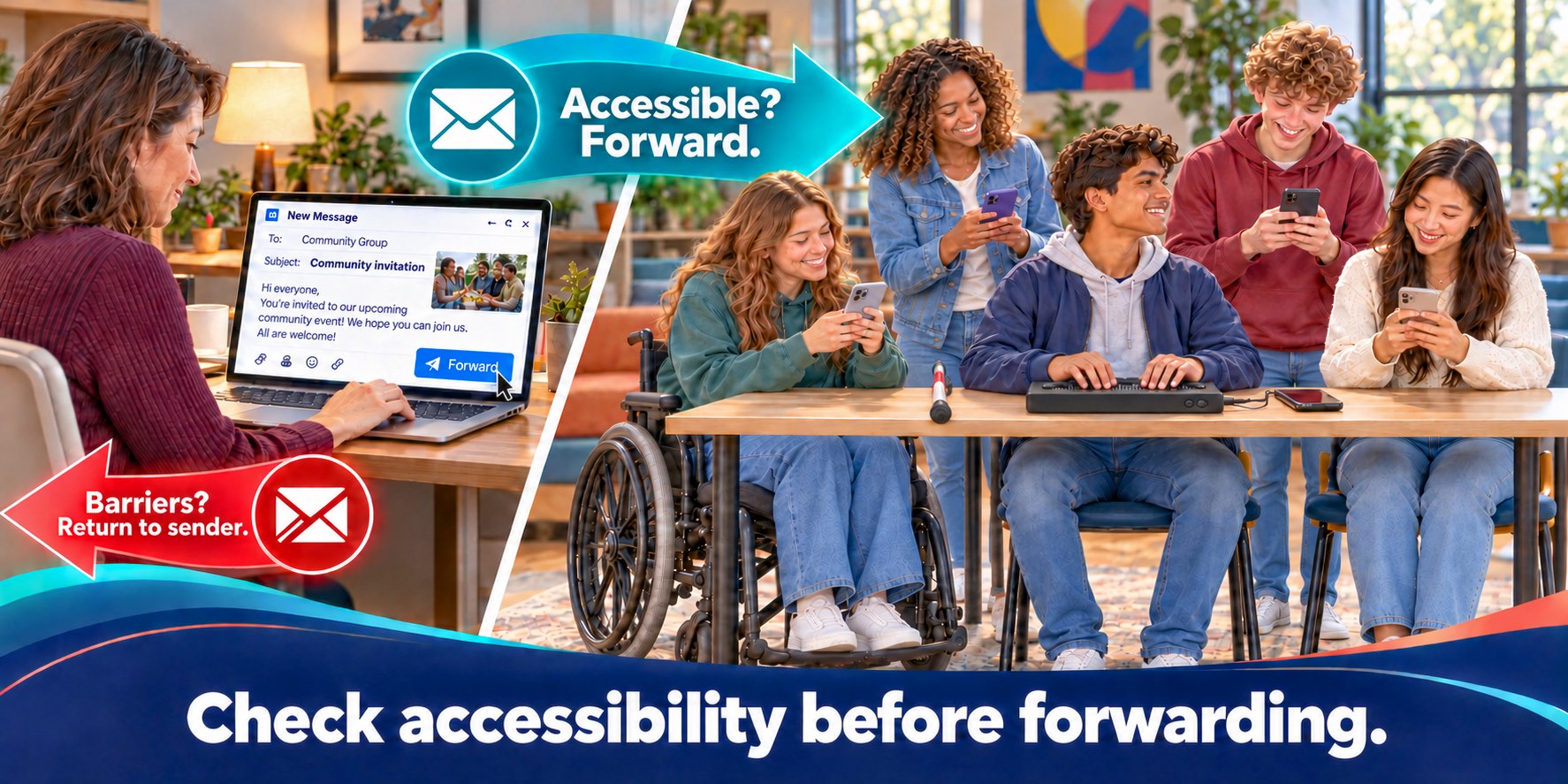 A woman prepares to forward an email containing a community photograph. Across a diagonal divider, three youths sit at a table and two stand behind them. Four use phones; the seated blind youth uses a Braille display beside a folded white cane. One youth uses a wheelchair. A right-pointing arrow reads “Accessible? Forward.” A left-pointing arrow reads “Barriers? Return to sender.” The bottom banner reads “Check accessibility before forwarding.”
