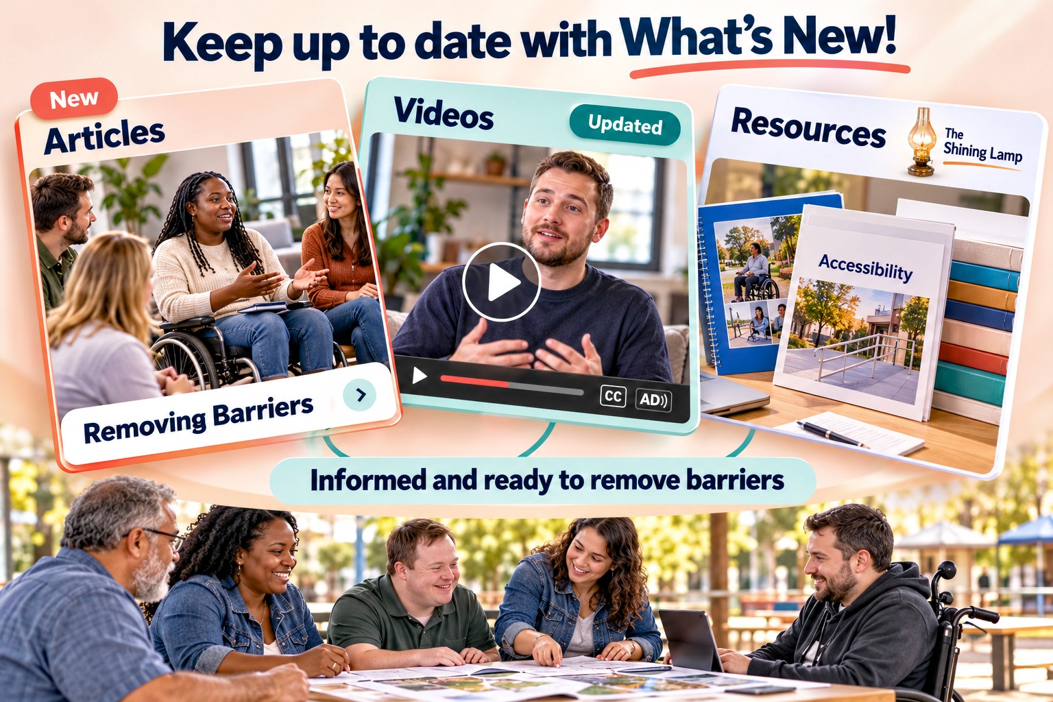 Infographic headed “Keep up to date with What’s New!” features article, video, and resource previews marked “New” and “Updated.” Below, a diverse group, including a wheelchair user, reviews materials together beneath the message “Informed and ready to remove barriers.”