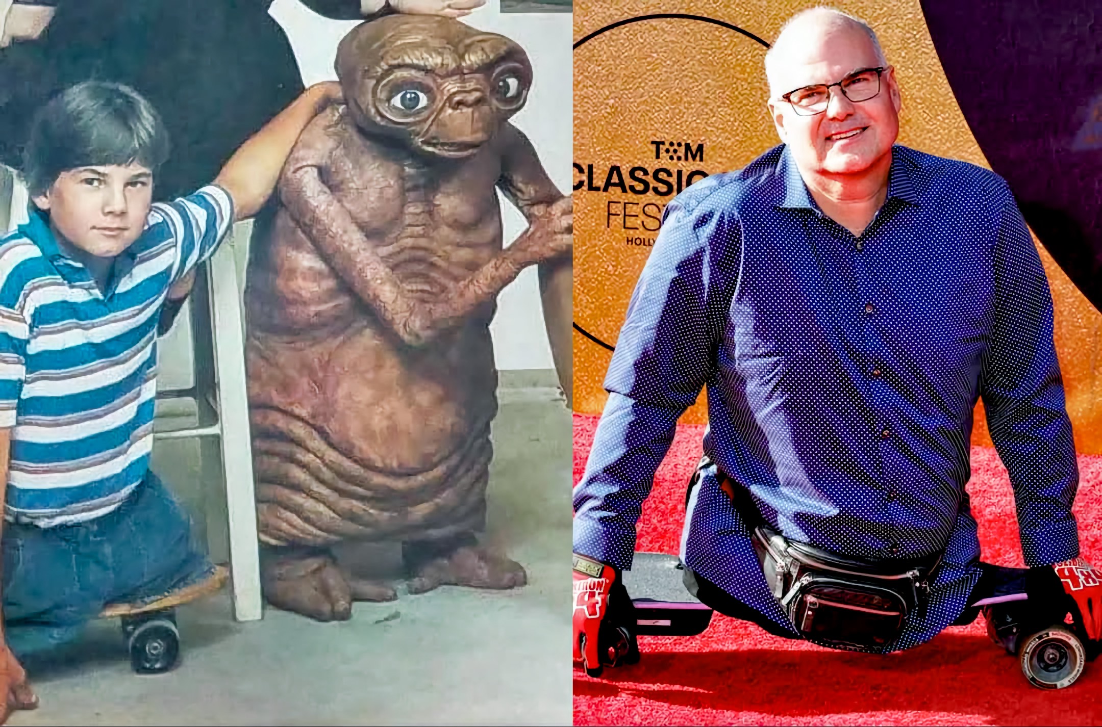 Two photos: a boy of 12 supported on a skateboard beside a full size E.T. figure, and a man of 56 supported on small wheeled platforms.