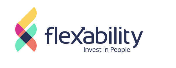 Flexability logo with the tagline Invest in People, beside an X shaped mark of overlapping yellow, pink, green, coral, and navy segments.