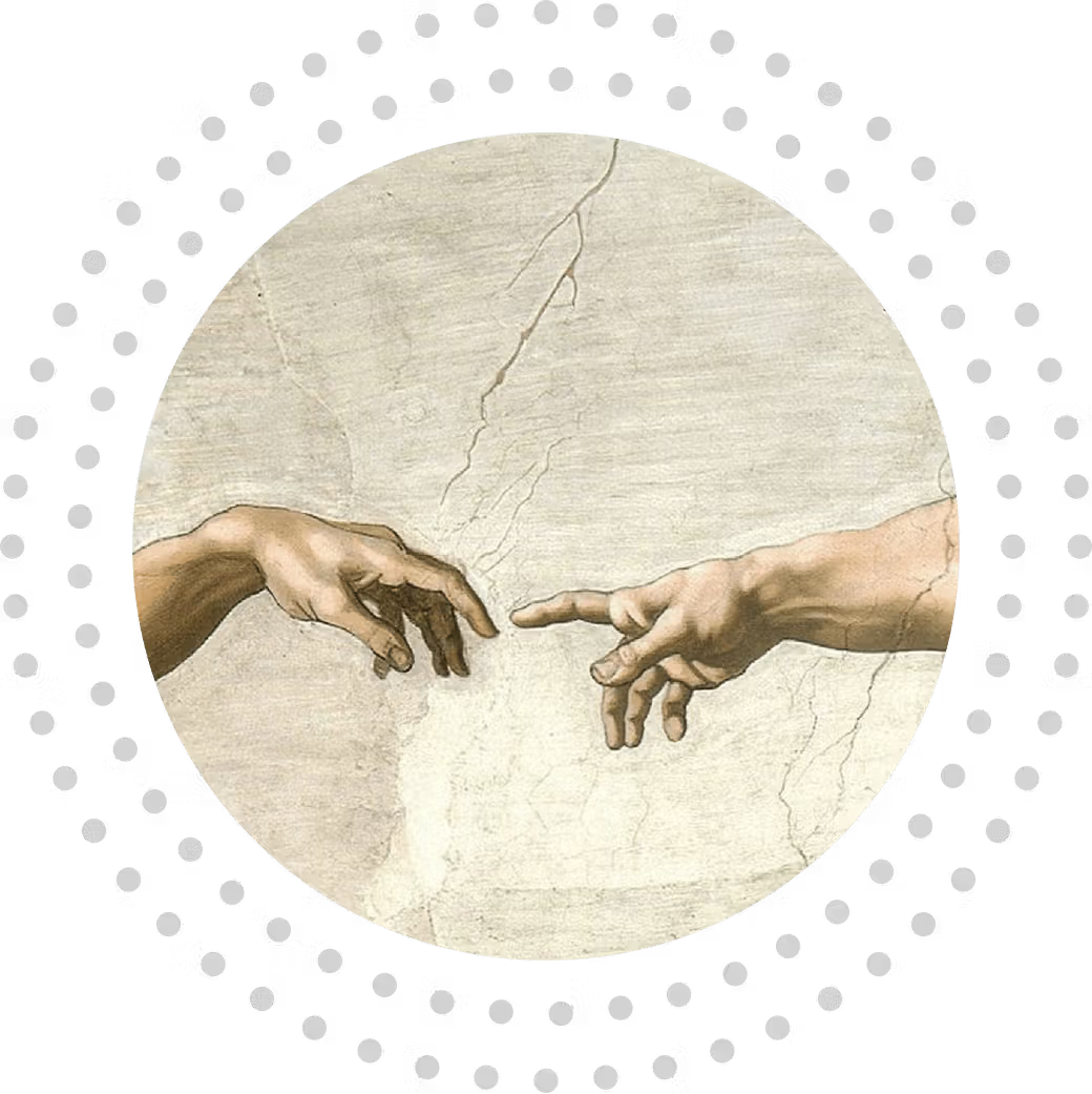 A circular crop of a detail from The Creation of Adam, the fresco painted by Michelangelo on the Sistine Chapel ceiling. Two bare arms reach toward one another from opposite edges of the circle. The arm entering from the left extends down and forward, its index finger relaxed and slightly curved. The arm entering from the right reaches up with the index finger held straight. The two fingertips almost meet at the center, separated by a narrow gap. Thin dark cracks run through the pale plaster behind the arms. The circle is framed by concentric rings of evenly spaced gray dots on a white background.
